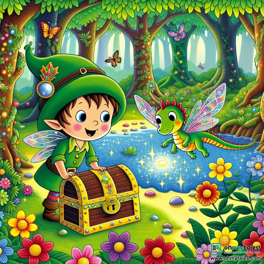 A little elf named Pip, a boy with a large green hat adorned with a sparkling bell, stands by a shimmering lake. His bright eyes express curiosity and joy as he gazes in wonder at a hidden treasure at the bottom of the water. Beside him, a small dragon named Fizzle, as cute as a kitten with bright, shiny scales, gently flies in the air, his translucent wings sparkling in the sunlight. He smiles at Pip, sharing a moment of companionship. The setting is an enchanted forest, where majestic trees rise towards the sky, their vibrant green leaves filtering sunlight. Colorful flowers line the path, and butterflies dance around them, adding a touch of magic to the environment. The main scene shows Pip and Fizzle discovering together the hidden treasure at the bottom of the lake, an ancient chest adorned with precious stones, symbolizing friendship and the magic of the forest.