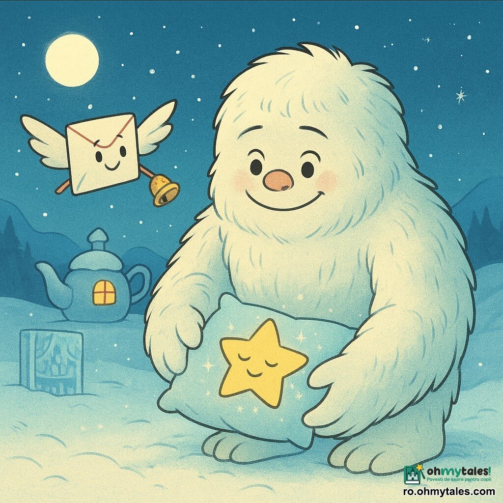 Un yeti numit Nori, mare și pufos, blană crem-alb cu reflexe albastre, față rotundă, ochi căprui blânzi și zâmbet timid, ține cu grijă o stea mică adormită pe o pernă moale; Clopoțica Poștă, o scrisoare cu un clopoțel auriu și față zâmbitoare, zboară lângă el și arată drumul cu o aripă de hârtie; steaua e mică, galben pal, cu ochii închiși, înconjurată de un halou sclipitor și fulgi minuscule; scena are loc într-o vale înzăpezită la lumina lunii, cu sol imaculat și cristale de gheață strălucitoare, o căsuță-ceainic plutitoare și o bibliotecă de gheață în fundal; principal: Nori pune blând steaua pe pernă în fața căsuței, gest protector și calm, ferestrele emană lumină caldă, atmosferă tandră și magică.