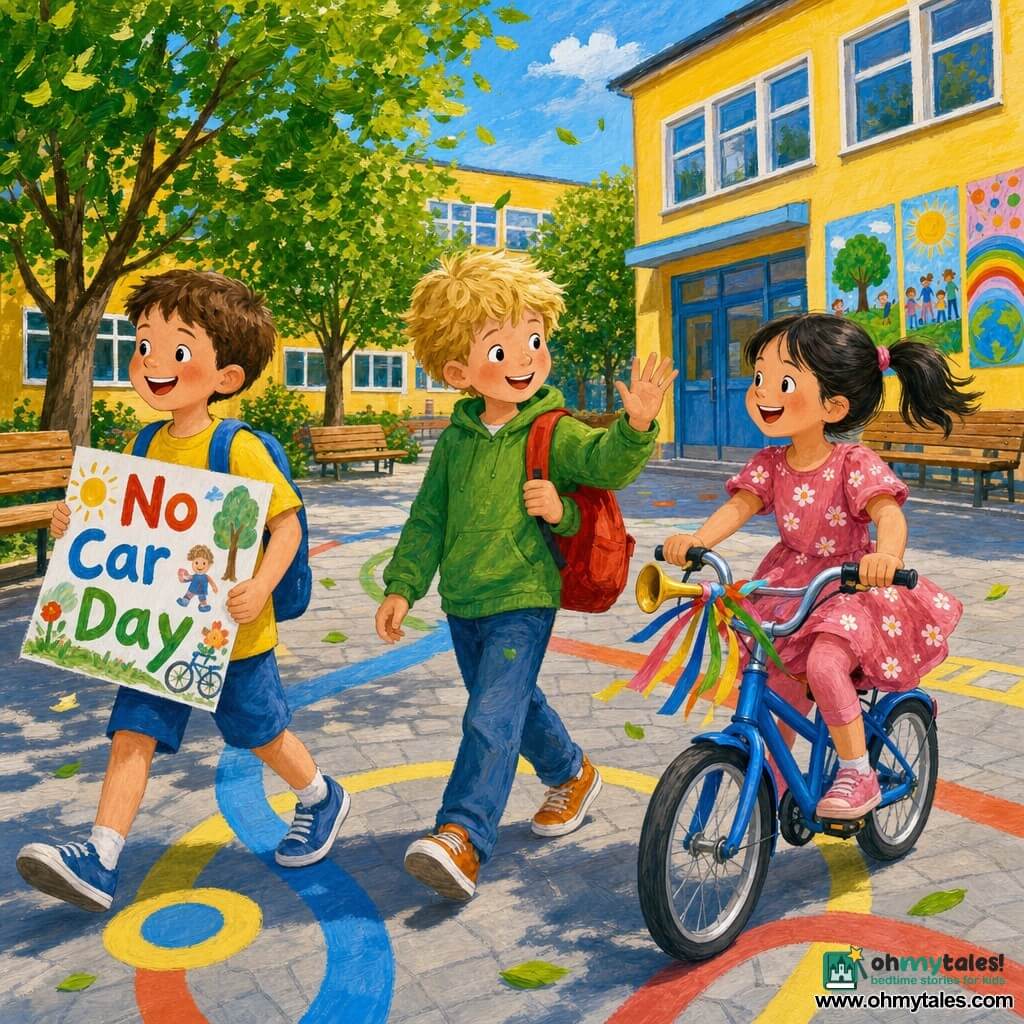 Three children: an 8-year-old boy with short brown hair in a yellow t-shirt and blue shorts walks left smiling while holding a colorful "No Car Day" sign; an 8-year-old boy with messy blond hair in a green sweatshirt walks center waving at Emma with a small red backpack; a 7-year-old girl with a black ponytail in a pink floral dress arrives on a blue bike at right with a ribbon-decorated horn and a big smile, in a schoolyard under a clear sky with paved ground and play markings, green trees, yellow school buildings with bright windows and colorful posters, a bright joyful scene of children arriving without cars, leaves in the breeze and clean air.