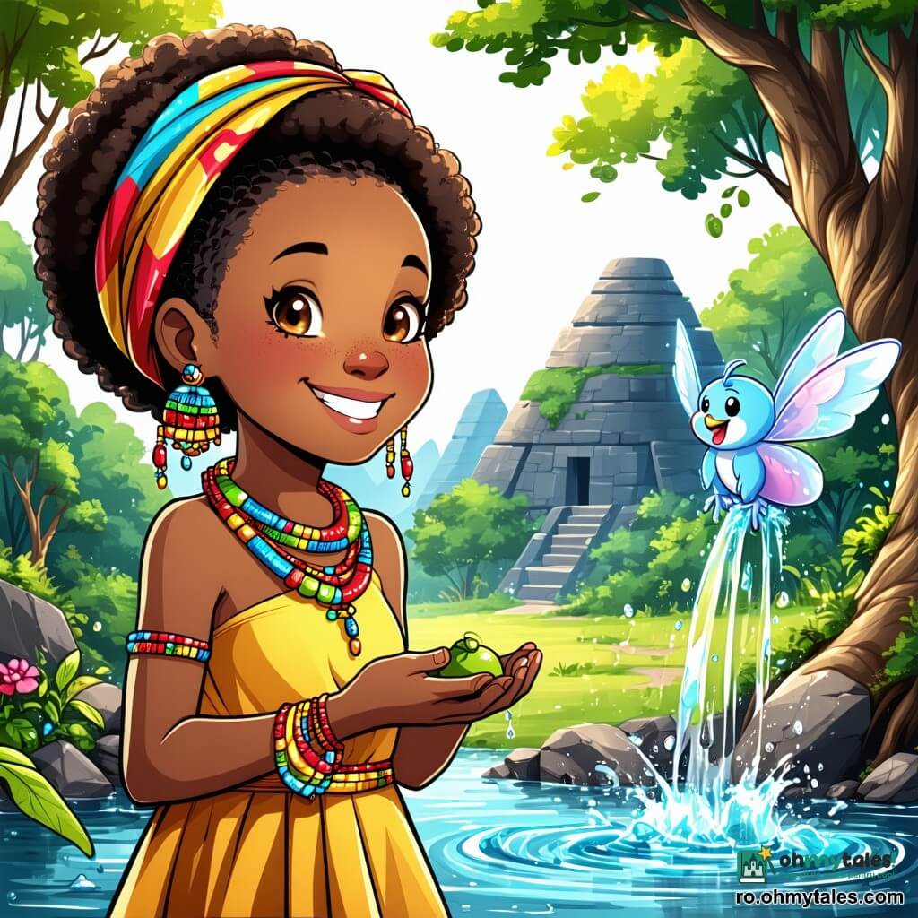 Amina, o tânără africană de aproximativ 12 ani, are pielea aurie și părul creț împodobit cu mărgele colorate. Ea zâmbește cu ochii strălucitori de entuziasm, ținând în mâini o mică ulcică, pregătită să descopere o sursă de apă. Lângă ea, Mbu, un mic spirit al termitelor, este reprezentat ca o creatură veselă cu aripi translucide și un zâmbet jucăuș, plutind ușor deasupra solului, observând-o pe Amina cu bunăvoință. Decorul este o savană însorită, cu termitiere majestuoase în fundal, copaci baobabi cu trunchiuri groase și iarbă înaltă care dansează în vânt. Solul este de un roșu profund, presărat cu flori colorate. Scena principală o arată pe Amina și Mbu căutând apă, înconjurați de râsetele copiilor care se agită în jurul unei mici peșteri unde apa limpede începe să țâșnească, creând o atmosferă de bucurie și descoperire.