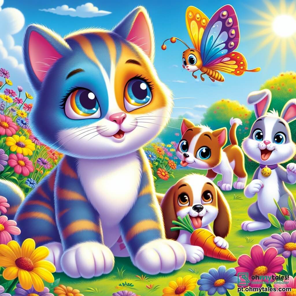 Um gato chamado Miau, com um pelo suave e listrado de cores vivas, exibe uma expressão de curiosidade e admiração, sentado no meio de um campo de flores coloridas, com os olhos bem abertos, observando uma linda borboleta que voa ao seu redor. Ao seu lado, Pula, uma coelhinha vaidosa com grandes orelhas e pelo branco, mastiga uma cenoura, sorrindo alegremente. Um pouco mais adiante, Latido, um cachorro alegre com pelo marrom e manchas brancas, corre atrás de uma bola, com a língua de fora e um olhar entusiasmado. O local é um campo ensolarado, repleto de flores vibrantes de todas as cores, sob um céu azul claro salpicado de nuvens fofas. A cena principal mostra Miau distraído pela borboleta, enquanto seus amigos continuam a correr, ilustrando o tema da amizade e da aventura.