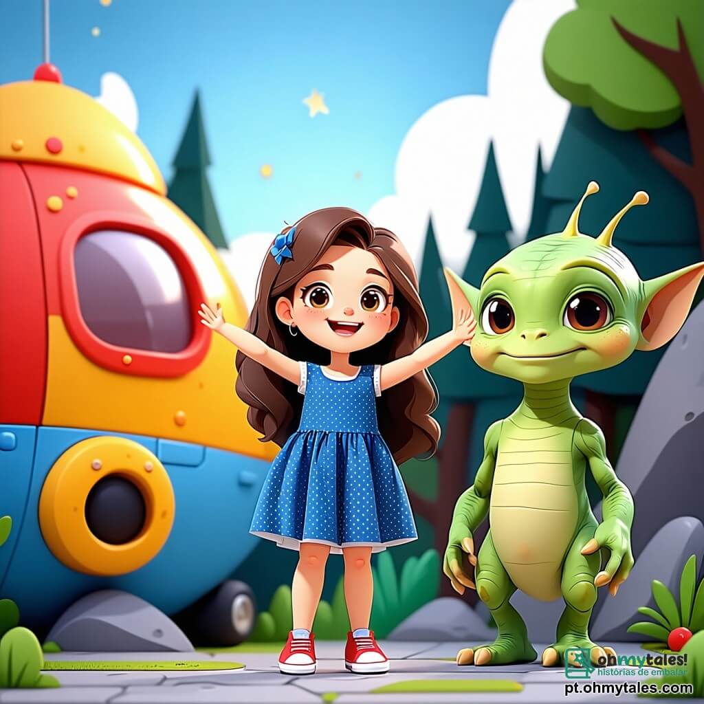 No centro da imagem, uma menina de 10 anos, Clara, com longos cabelos castanhos ondulados, olhos curiosos e um grande sorriso, está diante de uma pequena nave espacial colorida. Ela usa um vestido azul de bolinhas e tênis vermelhos, levantando os braços em sinal de empolgação, maravilhada com a descoberta de um extraterrestre. Ao lado dela, Zog, um extraterrestre com grandes orelhas verdes e olhos redondos e brilhantes, exibe um sorriso alegre. Ele tem uma pele lisa e cintilante, vestindo um traje espacial prateado que reflete as cores da floresta. Zog está pulando de alegria, com os braços levantados para o céu. Ao fundo, a floresta de Floresta de Prata se estende até onde a vista alcança, com árvores gigantes de folhas prateadas e flores multicoloridas que parecem dançar ao vento. O céu é de um azul vibrante, salpicado de estrelas cintilantes, e uma luz suave ilumina a cena, criando uma atmosfera mágica. A situação principal mostra Clara e Zog descobrindo a nave espacial de Zog, prontos para viver uma aventura incrível juntos, com expressões de alegria e admiração em seus rostos.