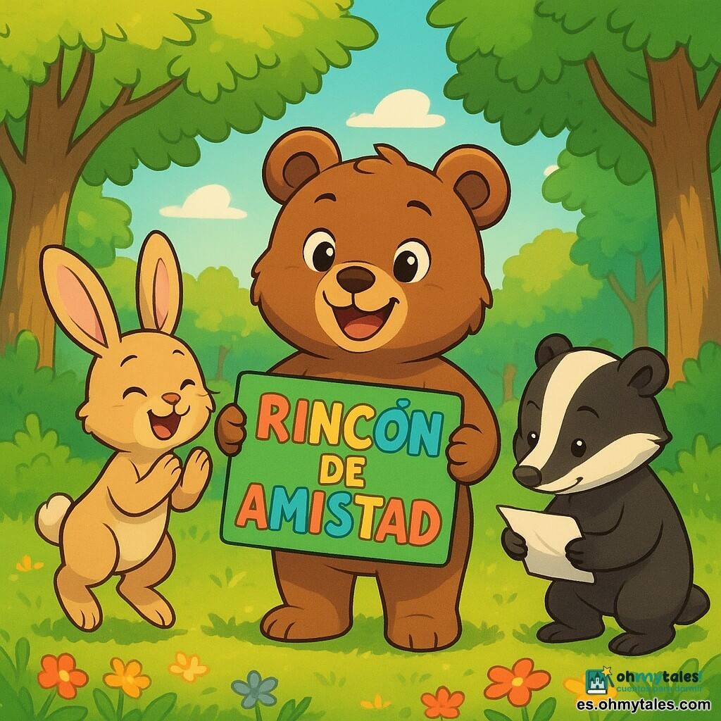Un joven oso pardo, Bruno, con un pelaje suave y ojos brillantes de curiosidad, está en el centro de un claro soleado, sonriendo con alegría y orgullo. Sostiene un pequeño cartel verde que dice "Rincón de Amistad" con letras coloridas. A su lado, una liebre de grandes orejas, Lina, con pelaje beige y ojos brillantes, aplaude saltando de alegría, su rostro irradiando emoción. Un pequeño tejón, Tomás, con pelaje blanco y negro, se inclina para leer una nota amistosa, con una expresión concentrada y feliz. El lugar es un claro verde rodeado de majestuosos árboles con hojas brillantes, con una suave luz filtrándose entre las ramas. En el suelo, una bonita alfombra de flores coloridas y hierba fresca añade un toque de magia al entorno. La situación principal muestra a Bruno y sus amigos celebrando la inauguración de su Rincón de Amistad, un espacio donde comparten risas y notas amistosas, simbolizando su amistad y solidaridad.