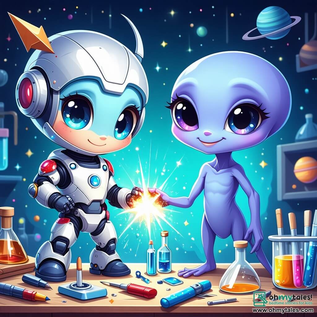 Cody, the little compass, is a cute character with silver edges and a shiny red arrow. His eyes sparkle with excitement as he stands on a lab table, surrounded by colorful tools, ready to help his alien friend. Zog, the alien, is a friendly little being with purple skin, three sparkling eyes, and a big warm smile. He is leaning over his spaceship, Starblip, repairing the Glimmer Engine with a joyful concentration. The lab is filled with fascinating inventions: colorful test tubes, a large telescope pointing at the starry sky, and shiny gadgets glimmering under soft light. Posters of planets and stars decorate the walls, creating a magical atmosphere. In this scene, Cody and Zog are working together to fix the spaceship, surrounded by sparkling tools, while stars shine through the window, promising intergalactic adventures.