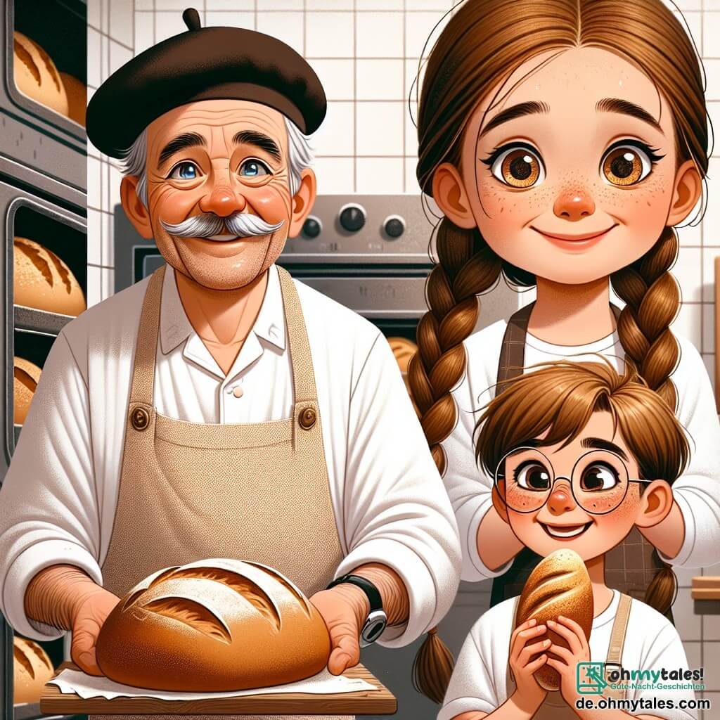 Ein Mann, der Bäcker Herr Müller, steht im Mittelpunkt des Bildes, lächelnd mit funkelnden, freudigen Augen. Er trägt ein weißes Hemd, eine beigefarbene Schürze und ein schwarzes Barett, seine Wangen sind leicht gerötet von der Hitze des Ofens. Er holt gerade ein goldbraunes Brot aus dem Ofen, mit einem Ausdruck des Stolzes auf seinem Gesicht. Neben ihm steht ein Mädchen namens Lisa, etwa 8 Jahre alt, mit langen, geflochtenen braunen Haaren, das das Brot staunend beobachtet. Sie trägt eine kleine rosa Schürze und hat die Hände in die Hüften gestemmt, ungeduldig darauf wartend, das frisch gebackene Brot zu probieren. Hinter ihnen steht ein Junge namens Tim, ebenfalls 8 Jahre alt, mit runden Brillen und Sommersprossen auf der Nase, der ein kleines Brot hält, das er selbst geformt hat. Er lächelt breit und steht auf den Zehenspitzen, um besser in den Ofen sehen zu können. Die Szene spielt sich in einer charmanten Bäckerei mit roten Ziegelwänden und Holzregalen voller bunter Backwaren ab. Sonnenstrahlen filtern durch die Fenster, beleuchten das Mehl in der Luft und schaffen eine warme, einladende Atmosphäre. Die Hauptsituation zeigt Herrn Müller, umgeben von den Kindern, die seine Leidenschaft für das Bäckerhandwerk teilen, während sie gemeinsam die Freude am Kreieren und Genießen von frischem Brot entdecken.