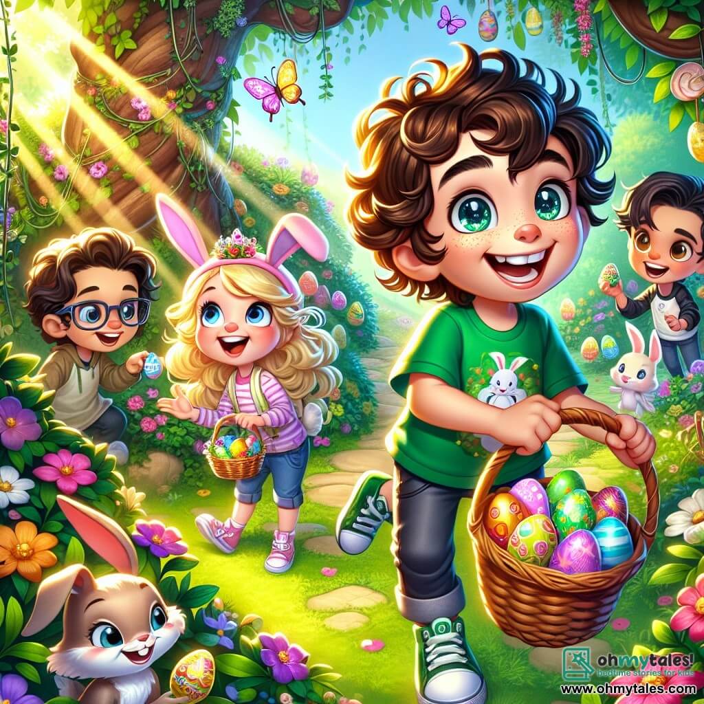 An 8-year-old boy named Oliver, with curly brown hair and sparkling blue eyes, smiles enthusiastically while holding a basket filled with colorful eggs. He wears a green T-shirt with a bunny pattern and stands at the center of the scene, surrounded by his friends. Mia, an 8-year-old girl with a pink bunny hat and blonde hair, crouches near a flower pot, amazed by a little crowned frog she just discovered. Leo, an 8-year-old boy with black hair and glasses, stands next to Oliver, joyfully laughing while holding a shiny egg he found behind a garden statue. The scene takes place in a magical garden filled with vibrant flowers, dancing butterflies, and sunlight filtering through the tree leaves. In the background, a mysterious path leads to a secret corner of the garden. The main situation shows Oliver and his friends in the middle of an Easter egg hunt, laughing and marveling at the magical surprises they discover, while an adorable bunny with big ears watches them with a mischievous smile.