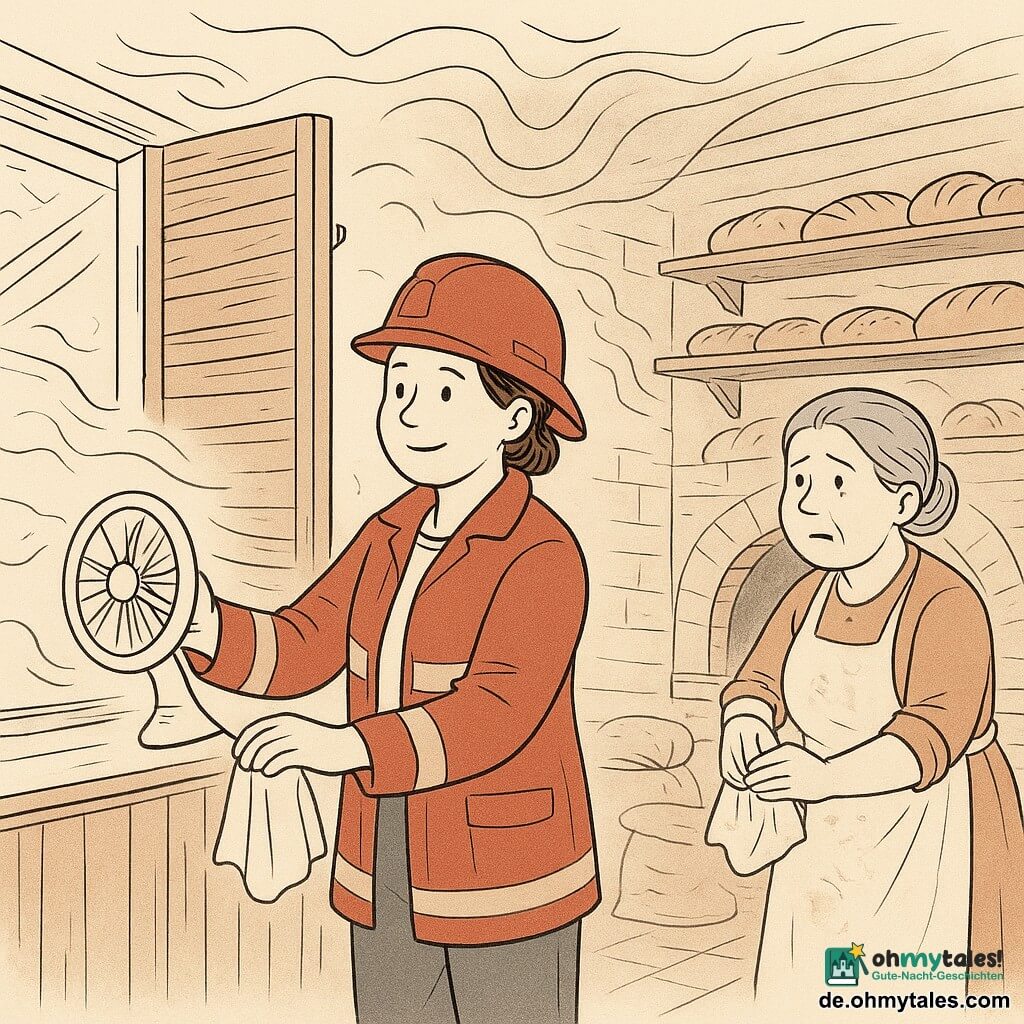 Feuerwehrfrau, etwa dreißig, rundes lächelndes Gesicht, kurze Haare unter seitlich aufgesetztem Helm, offene Jacke, sie öffnet ein Fenster und schiebt einen alten Holzladen beiseite, hält einen kleinen tragbaren Ventilator; Bäckerin (Frau Müller), etwa 45, etwas korpulent, mehlbestäubte Schürze, graue Haare im Dutt, besorgt aber erleichtert, steht am offenen Backofen und wischt sich die Hände am Tuch; ein sechsjähriges Mädchen mit Zöpfen hält eine kleine orange Katze und schaut erstaunt, aber beruhigt zur Tür; Innenraum einer alten Bäckerei: Backöfen aus Ziegeln, hölzerne Regale mit Brot, Mehlsäcke, gerillter Holztresen, leichte Vorhänge im Zug, diagonale Sonnenstrahlen durchs Mehlstaub; leicht verrauchte Atmosphäre mit feinen Rauchlinien, klare dynamische Rettungsgesten, warme, ruhige Stimmung, deutliche grafische Details (Mehlbrösel, Lichtreflexe, Holztexturen).