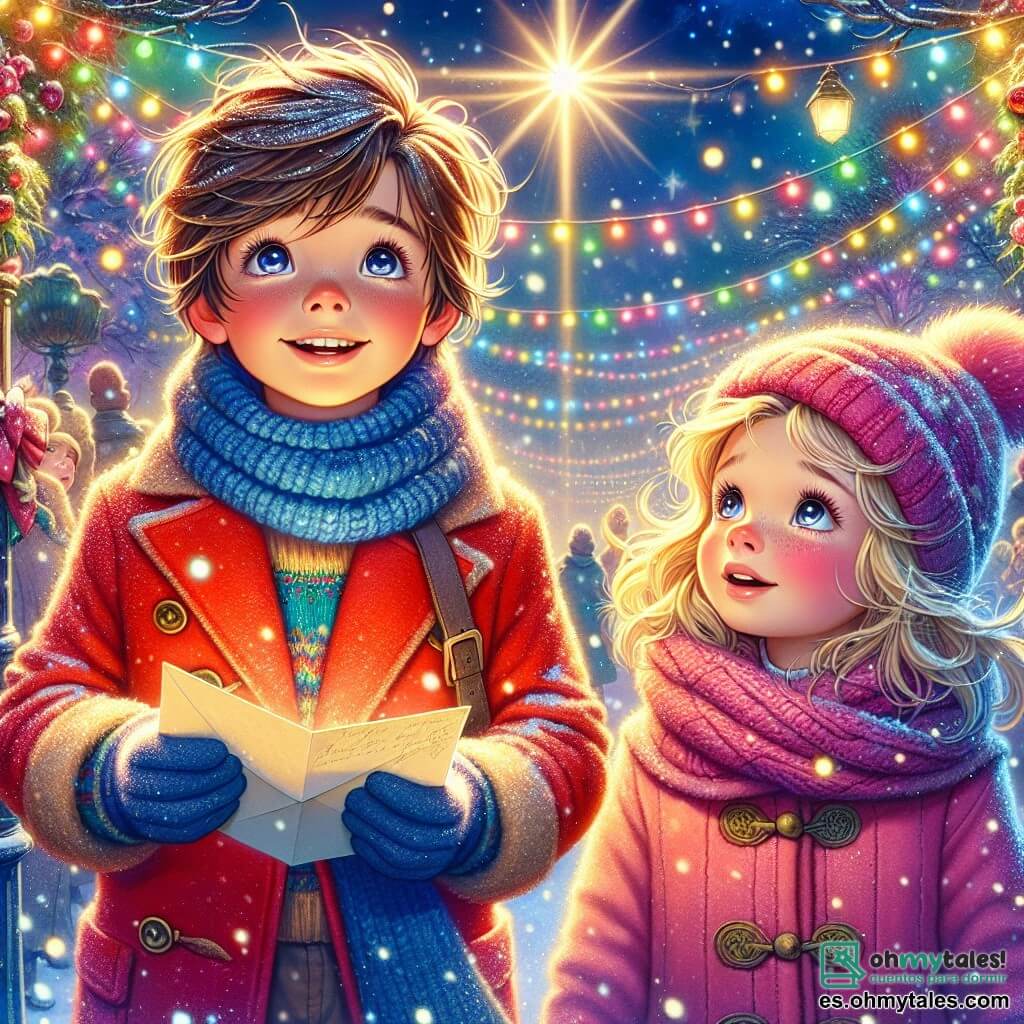 Un niño de 9 años, Lucas, con cabello castaño revuelto y ojos brillantes de curiosidad, se encuentra en el centro de la imagen, sosteniendo una carta con una gran sonrisa. Lleva un abrigo rojo brillante, una bufanda de lana azul y un gorro a juego, mientras copos de nieve caen suavemente a su alrededor. A su lado, Clara, una niña de 9 años con largas trenzas rubias y mejillas sonrojadas por el frío, mira a Lucas con asombro, sus ojos brillando de emoción. Ella lleva un abrigo rosa y guantes de lana, lista para descubrir la magia de Navidad. El fondo es un jardín nevado, iluminado por guirnaldas de luces de colores en los árboles. Lucas y Clara están rodeados de un halo de luz mágica, listos para abrir un portal estrellado que los llevará a una aventura navideña inolvidable, llena de alegría y sorpresas.