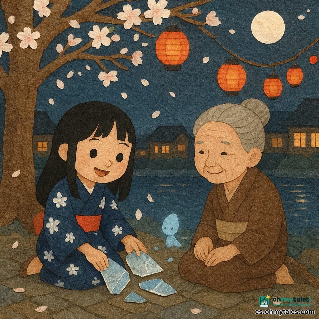 Una niña llamada Aiko de unos 12 años, de rostro redondo, ojos brillantes y pelo liso negro, arrodillada bajo un viejo ciruelo en flor con un kimono azul noche de flores blancas, ensamblando suavemente tres fragmentos brillantes de un espejo; a su lado, sentada en una raíz, su abuela de unos 70 años, con cabello gris recogido y mirada tierna y protectora; cerca del agua flotan dos pequeños espíritus del río, gotas de luz azul translúcida que señalan un cuarto destello entre las piedras; todo en una plaza de pueblo nocturna con suelo de losas irregulares, pétalos blancos cayendo, guirnaldas de faroles de papel rojos y amarillos, un río centelleante que refleja la luna y casas tradicionales de madera, durante una noche de festival con luces cálidas, reflejos plateados y una atmósfera tranquila y mágica.