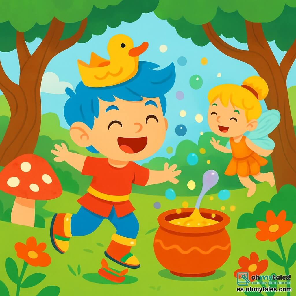 Un príncipe llamado Pepito, de unos 8 años, con cabello azul brillante como el cielo y una gran sonrisa traviesa, salta alegremente en un bosque encantado. Lleva una corona de goma que hace ruido de pato y botas de salto coloridas. A su lado, una pequeña hada de alas brillantes, de 6 años, con cabello dorado y un vestido de pétalos de flores, lo anima riendo. El bosque está lleno de árboles de troncos retorcidos, setas gigantes de colores vivos y flores que bailan al ritmo del viento. En el centro de la escena, Pepito intenta atrapar una sopa mágica que salta y salpica a su alrededor, creando burbujas multicolores y risas.