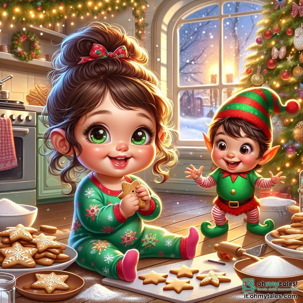 Una bambina di un anno, con grandi occhi brillanti e guance rosa, è seduta sul pavimento, circondata da biscotti a forma di stelle e alberi. Sorride meravigliata, tenendo un biscotto nelle sue manine paffute, i capelli castani ricci che le cadono sulla fronte. Accanto a lei, un elfo di Natale di nome Nino, di circa 5 anni, con orecchie a punta e un cappello rosso, balla gioiosamente. Indossa un costume verde vivo con motivi di fiocchi di neve e fa gesti divertenti, aggiungendo all'atmosfera festiva. La scena si svolge in una cucina accogliente, decorata con luci e un grande albero di Natale scintillante sullo sfondo. La tavola è coperta di farina, zucchero e decorazioni colorate, creando un'atmosfera gioiosa e accogliente. Sofia e Nino stanno preparando biscotti di Natale insieme, ridendo e condividendo momenti di felicità, mentre la neve cade dolcemente all'esterno, aggiungendo un tocco magico a questa bella serata di Natale.