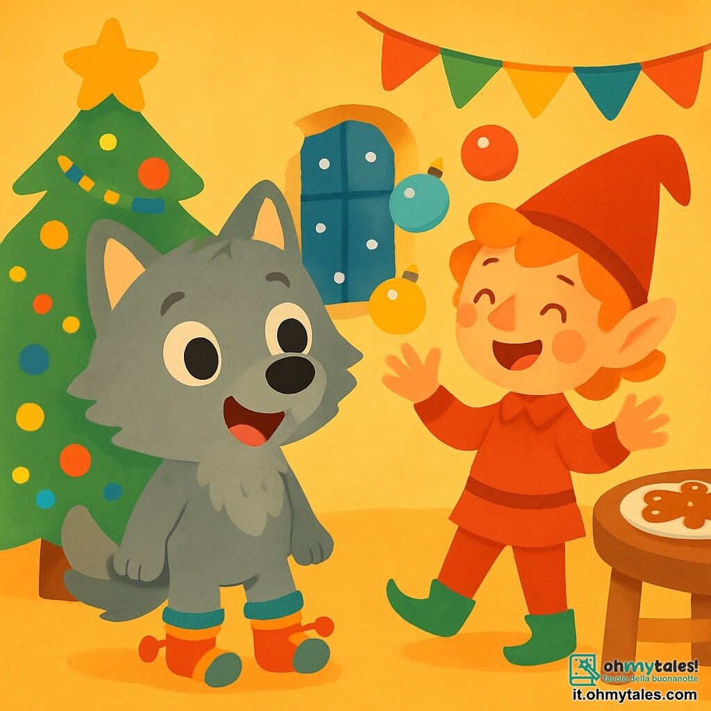 Un piccolo lupo con pelliccia morbida e grigia, grandi occhi brillanti di curiosità, si trova al centro della scena, sorridendo con meraviglia. Indossa calze di Natale colorate, troppo piccole, decorate con pompon che danzano attorno alle sue zampe. Accanto a lui, un folletto burlone dai capelli rossi e disordinati, vestito con un costume rosso vivo e un grande cappello a punta, ride gioiosamente, gli occhi brillanti di malizia. Sta giocolando con palline di Natale scintillanti, le mani alzate, pronto a lanciarle. La scena si svolge in un salotto accogliente, decorato con un grande albero di Natale illuminato, ghirlande colorate e biscotti di pan di zenzero su un tavolo di legno. Fiocchi di neve cadono dolcemente attraverso la finestra, aggiungendo un tocco magico all'atmosfera. Il piccolo lupo e il folletto burlone stanno preparando insieme la festa di Natale, ridendo e giocando con le decorazioni, creando un'atmosfera gioiosa e festiva.