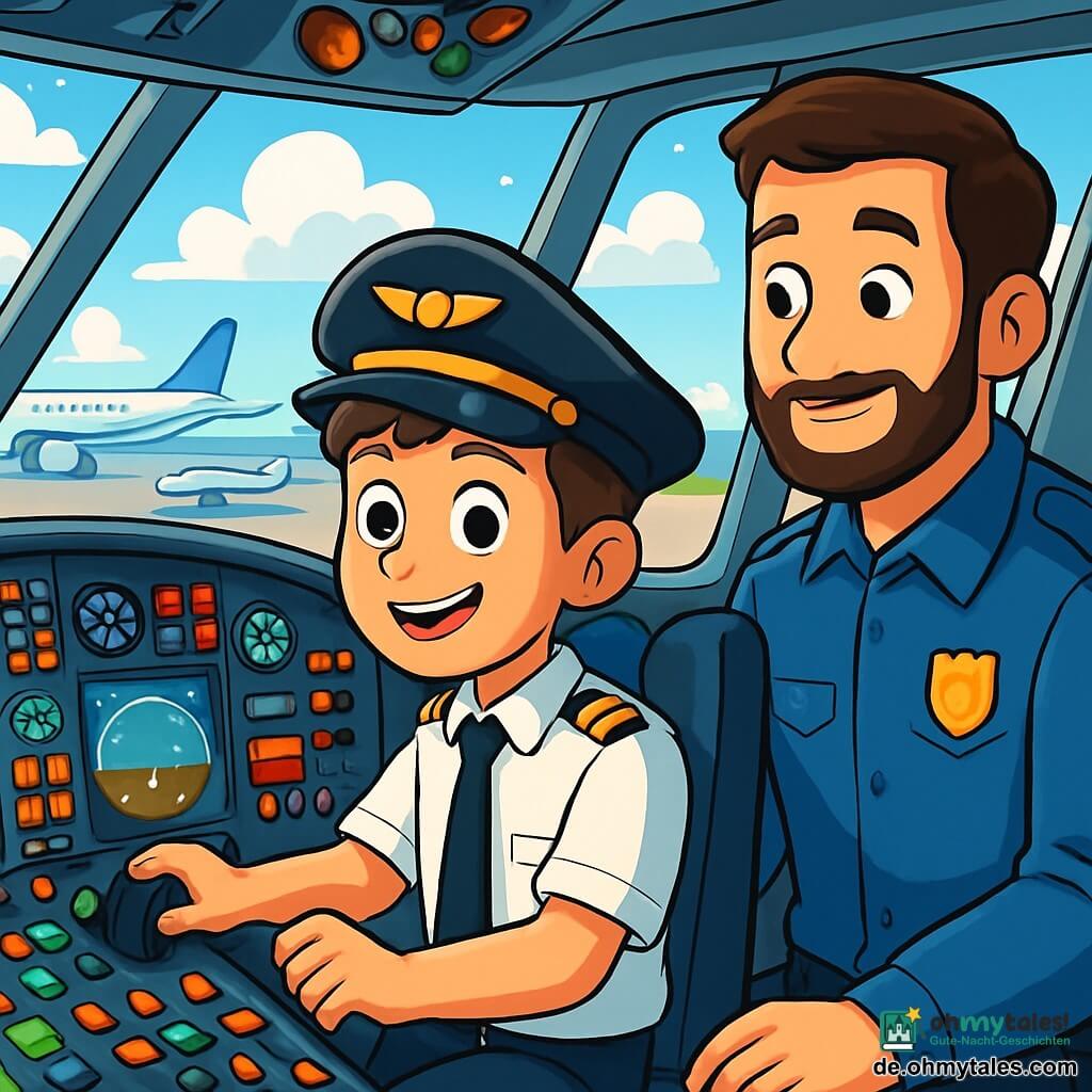 Ein junger Mann, Jonas, sitzt im Cockpit eines Flugzeugs, sein Gesicht strahlt vor Aufregung und Konzentration. Er trägt eine Pilotenuniform mit einem weißen Hemd, einer schwarzen Krawatte und einer Mütze mit einem goldenen Abzeichen. Seine leuchtenden Augen sind auf die Fluginstrumente gerichtet, während er stolz lächelt. Neben ihm beobachtet ein Sicherheitsbeamter, Tom, ein etwa dreißigjähriger Mann mit braunen Haaren und gepflegtem Bart, aufmerksam den Kontrollbildschirm. Er trägt eine blaue Uniform mit einem Abzeichen und scheint von Jonas' Fähigkeiten beeindruckt. Das Cockpit ist mit bunten Tasten, leuchtenden Instrumenten und Panoramafenstern gefüllt, die einen spektakulären Blick auf den blauen Himmel mit flauschigen weißen Wolken bieten. Draußen sind Flugzeuge auf dem Rollfeld zu sehen, bereit zum Abheben. Die Hauptsituation zeigt Jonas, der den Flug vorbereitet, konzentriert an den Einstellungen arbeitet, während Tom ihn ermutigt und sein Talent bewundert. Die Atmosphäre ist dynamisch und energiegeladen und fängt die Aufregung eines jungen Piloten ein, der bereit ist, zu neuen Abenteuern aufzubrechen.