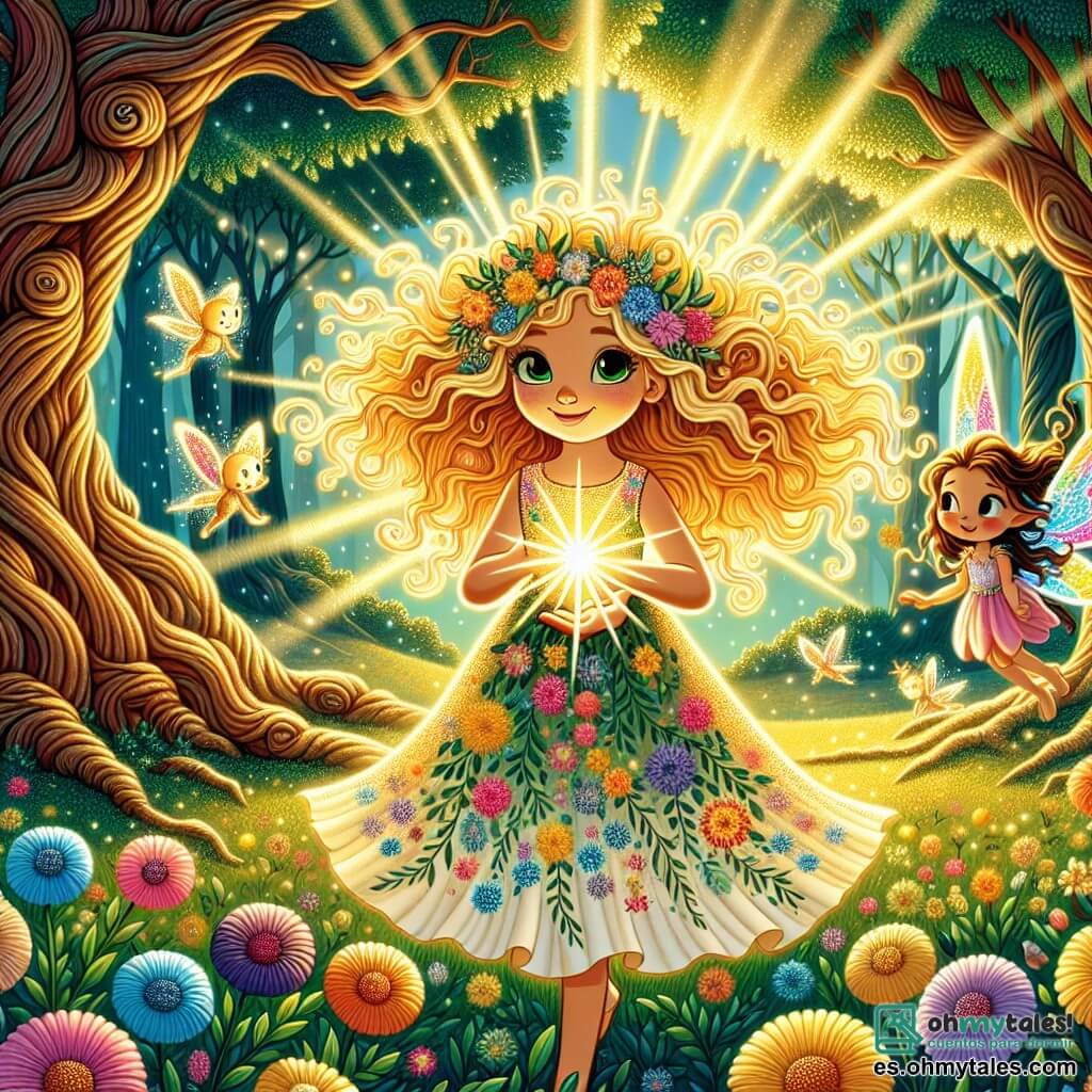 Una niña de 7 años, Valentina, con cabello rizado y dorado como rayos de sol, se encuentra en el centro de la imagen, con ojos brillantes de valentía y asombro. Lleva un vestido colorido decorado con flores y sostiene una estrella brillante en sus manos, lista para colocarla en el suelo. A su lado, un pequeño ser mágico, Lumina, un hada con alas multicolores y piel luminosa, vuela alegremente a su alrededor, sonriendo con ojos chispeantes de magia. El escenario es un claro encantado, rodeado de grandes árboles con troncos retorcidos y hojas brillantes, donde flores de colores vivos bailan al viento. Rayos de luz dorada filtran a través de las ramas, creando una atmósfera mágica. La situación principal muestra a Valentina y Lumina colocando la Estrella de la Mañana en el centro del claro, iluminando todo el lugar con una luz resplandeciente, mientras criaturas mágicas, como pájaros coloridos y pequeños animales curiosos, las observan con asombro.