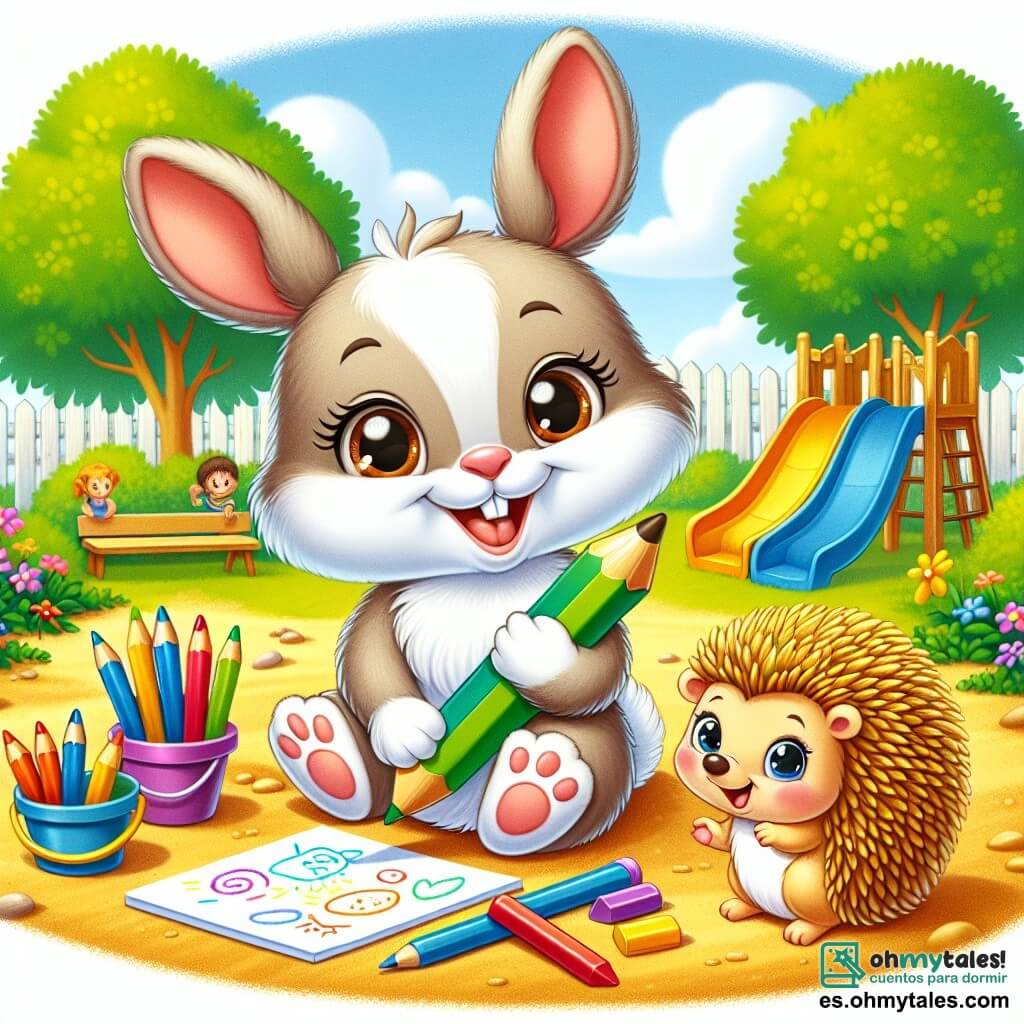 Un pequeño conejo de grandes orejas y pelaje suave, con ojos marrones brillantes de emoción, está sentado en un banco en un patio escolar, sosteniendo un lápiz de colores en sus patas. Sonríe ampliamente, rodeado de dibujos coloridos que ha realizado. A su lado, un pequeño erizo con púas doradas y ojos redondos, mostrando una expresión de alegría y curiosidad, mira el dibujo del conejo. Sostiene un pequeño balde de arena, listo para construir un castillo, y está justo al lado del conejo, compartiendo el mismo banco. La escena transcurre en un patio escolar soleado, con árboles verdes al fondo, un tobogán colorido y niños jugando a lo lejos. El suelo está cubierto de arena dorada, y flores de colores vivos bordean el camino. En esta ilustración, el conejo y el erizo están compartiendo un momento de creatividad y amistad, dibujando juntos y riendo bajo el suave sol, simbolizando la alegría del aprendizaje y la amistad en la escuela.