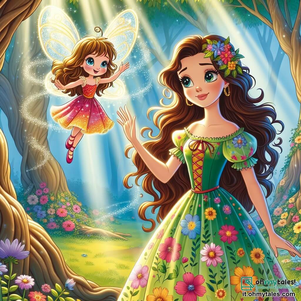 Lila, una giovane donna con lunghi capelli ondulati castani, indossa un vestito floreale dai colori vivaci. Il suo viso emana curiosità e meraviglia mentre si trova davanti a una piccola fata di nome Fiorella. Lila sta allungando la mano verso Fiorella, che fluttua nell'aria con ali scintillanti come stelle. Fiorella è piccola e delicata, con capelli dorati e occhi brillanti di malizia. Sorride gioiosamente mentre mostra a Lila la strada verso il Regno delle Meraviglie. Lo scenario è un magnifico bosco incantato, pieno di alberi maestosi e fiori colorati che danzano nel vento. I raggi di sole filtrano tra le foglie, creando un'atmosfera magica e luminosa. La situazione principale mostra Lila e Fiorella pronte ad affrontare la nuvola triste che ha rubato i colori del regno, con determinazione nei loro occhi. Lila è pronta a parlare con la nuvola, mentre Fiorella la incoraggia con un sorriso fiducioso.