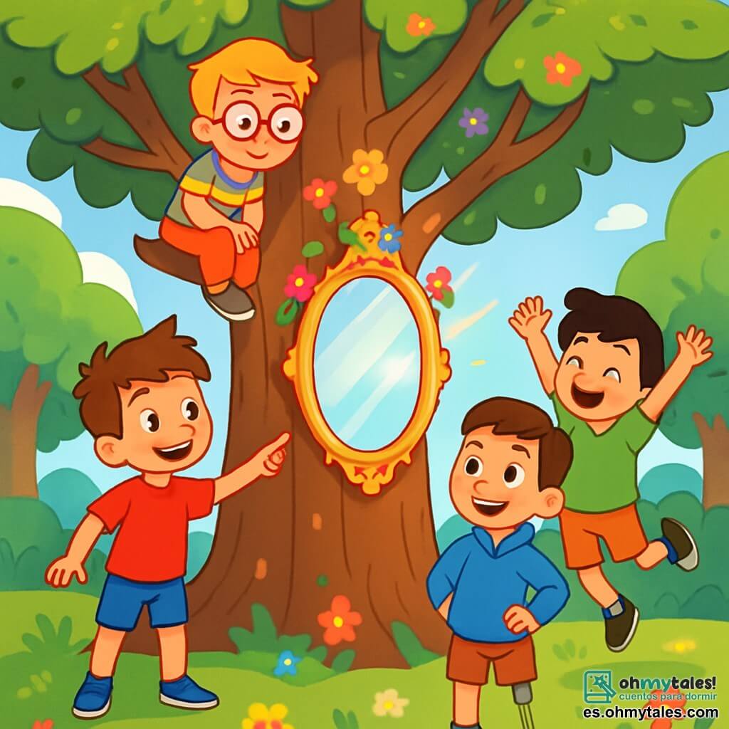 Hay 4 niños: - Leo: Un chico de 9 años con cabello castaño alborotado, lleva una camiseta roja y un short azul. Está de pie, sonriendo y señalando hacia el espejo mágico colgado en el árbol. - Pablo: Un chico de 8 años con gafas redondas y cabello rubio. Lleva una camisa a rayas multicolores y está sentado en una rama del árbol, con aire soñador y ojos muy abiertos. - Mateo: Un chico de 9 años con cabello negro y pecas, vestido con una camiseta verde y pantalones cortos. Está saltando alegremente cerca del árbol, con los brazos levantados hacia el cielo. - Samir: Un chico de 9 años con cabello castaño y una prótesis en la pierna, lleva un sudadera azul. Está de pie junto a Leo, mostrando una gran sonrisa, listo para explorar. El lugar es un claro encantado, rodeado de grandes árboles con troncos gruesos y hojas de un verde brillante. En el centro, se erige un majestuoso árbol, cuyas ramas están cargadas de flores coloridas y un espejo brillante que refleja la luz del sol. El suelo está cubierto de hierba suave y flores multicolores, creando una atmósfera mágica y acogedora. La situación principal de la historia muestra a los cuatro amigos descubriendo el espejo mágico, que brilla intensamente, mientras están alrededor del árbol, llenos de asombro y emoción, listos para entrar en un mundo fantástico.