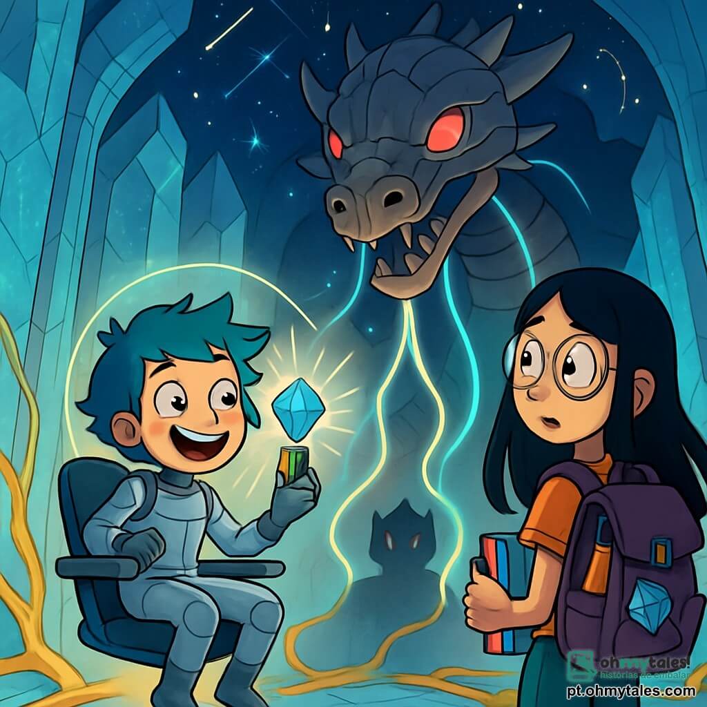 Há 2 personagens principais: - Luna: uma menina de 10 anos com cabelo curto e desgrenhado, tingido de azul, usando um traje futurista prateado. Ela está sentada em uma cadeira flutuante, com os olhos brilhando de excitação, pronta para se lançar. - Maia: uma menina de 10 anos, alta e magra, com longos cabelos negros e óculos redondos. Ela segura uma mochila grande cheia de livros e cristais, observando curiosamente a cena ao seu redor. O local da ação principal é um imenso palácio de cristal, com paredes cintilantes, onde raízes douradas serpenteiam entre as placas de metal. O teto é um céu estrelado, iluminado por estrelas cadentes e constelações mágicas. No centro, uma máquina colossal, feita de pedaços de dragão e cabos luminosos, pulsa com uma energia vibrante. A situação principal da história mostra Luna e Maia, em frente à máquina, com um cristal brilhante em uma mão e um chip tecnológico na outra. Elas estão cercadas por uma aura luminosa, enquanto uma sombra misteriosa se forma atrás delas, pronta para guiá-las em sua busca para restaurar o equilíbrio entre magia e ciência.