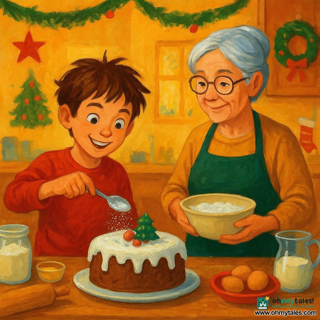 A 10-year-old boy, Milo, with tousled brown hair and sparkling eyes, stands in a cozy kitchen. He wears a delighted smile as he sprinkles shimmering sugar on a Christmas cake. Next to him, his grandmother, Nana June, a 65-year-old woman with silver hair and round glasses, watches him with a caring look while holding a bowl of icing. The kitchen is bathed in golden light, with Christmas decorations hanging on the walls and a wooden table covered with baking ingredients. The main scene shows Milo focused and joyful, adding the final touch to his magical cake, while Nana June gently encourages him.