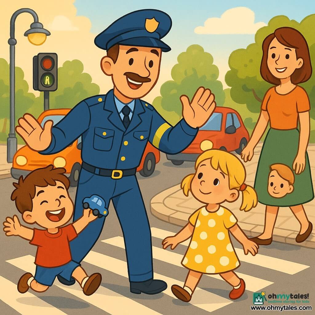 A smiling tall police officer with short brown hair and a thin mustache wears a shiny blue uniform with a cap and reflective armband, making large gentle gestures to stop cars; a girl, Lily, about 5 with blonde pigtails and a yellow polka-dot dress holds her mother's hand to the officer's right and admires him while walking slowly; a boy, Max, about 4 with brown hair in a red t‑shirt holds a small blue toy car and jumps for joy at the officer's left; the mother, in her thirties with brown hair and a green skirt, smiles in the background near the sidewalk; the scene is at a busy crosswalk with a light cobblestone sidewalk, lamppost, red and green signals, colorful waiting cars, green trees and a park behind; main situation: the officer helps the children cross safely with clear gestures and relieved faces, soft morning light, bright colors, crisp outlines, warm cartoon style suitable for toddlers.