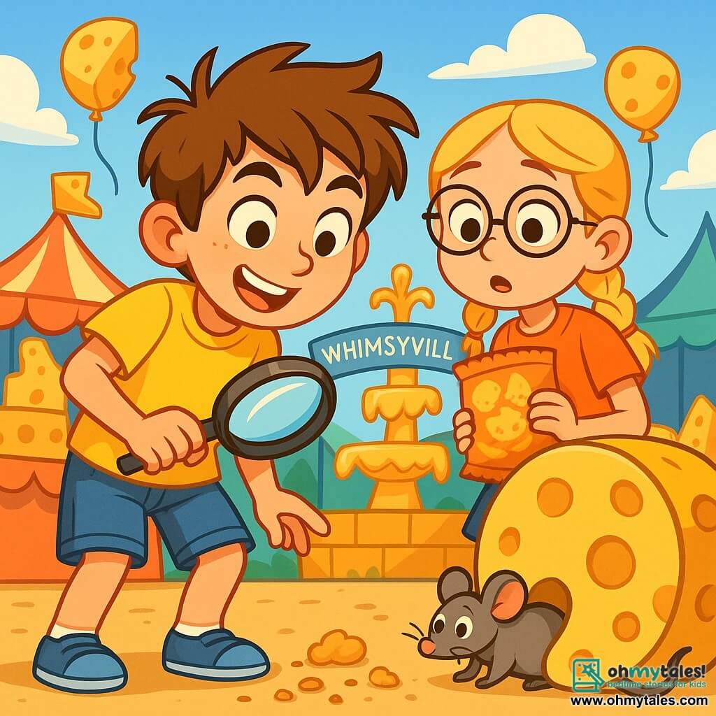 A 10-year-old boy named Oliver, with messy brown hair and sparkling eyes, stands in front of a large wheel of cheese, a look of wonder on his face. He wears a bright yellow t-shirt and denim shorts, holding a magnifying glass in one hand, ready to solve the mystery of the stolen cheese. Next to him is his best friend Lily, a 9-year-old girl with braided blonde hair and round glasses, looking curiously with wide eyes while holding a bag of cheese puffs in the other hand. The setting is a cheese festival in the town of Whimsyville, featuring colorful stalls adorned with cheese sculptures, cheese-shaped balloons floating in the blue sky, and a cheese fountain sparkling in the sun. The main scene shows Oliver and Lily investigating carefully on the ground, where cheese puff crumbs reveal the path of a thief, while a mischievous little rat hides behind a giant wheel of cheese, ready to escape with its loot.