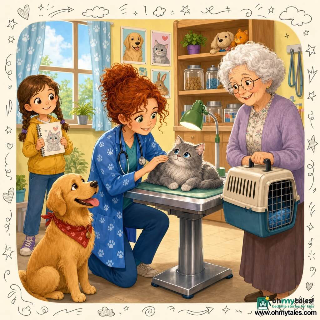 A female veterinarian in her mid-30s with curly red hair in a bun, wearing a blue paw-print smock, is kneeling and gently petting a fluffy gray cat named Whiskers on a metal exam table; Mrs. Jenkins, about 75 with white curly hair and round glasses, holds the carrier to the right of the vet looking relieved; a male dog assistant, Max, a large golden retriever with a red bandana, sits nearby; a girl, Lily, about 8 with braided brown hair, stands in the back holding a sketchbook and watching; the bright clinic has pale yellow walls, colorful animal posters, wooden shelves, a large window with a paw-pattern curtain and a small green lamp on the table; the scene conveys tender, reassuring, warm, compassionate care.