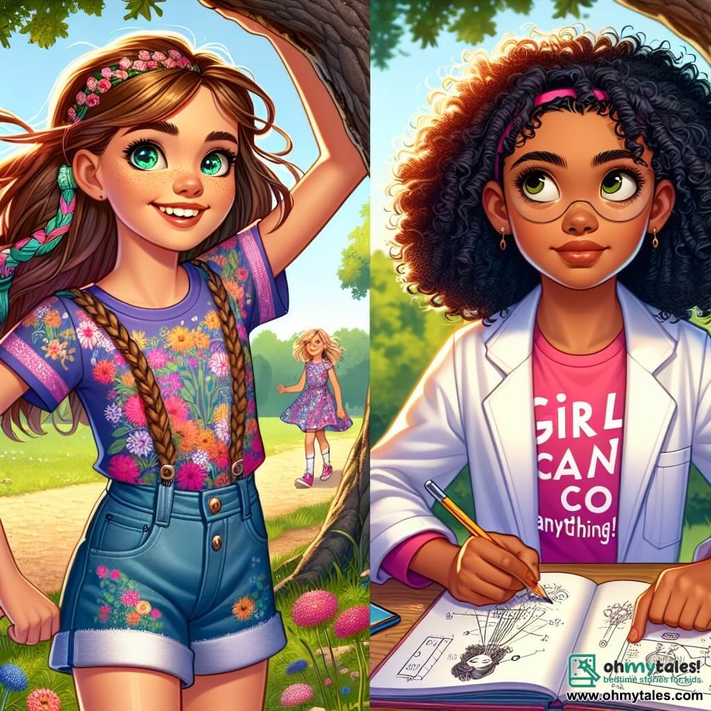 An 11-year-old girl named Lily stands under a large oak tree, her eyes shining with curiosity and a bright smile on her face. She has brown hair braided into a long plait that dances in the wind, wearing a colorful t-shirt with floral patterns and denim shorts. She holds a sign that reads "Girls can do anything!" while looking at her friends with enthusiasm. Next to her, Mia, another 11-year-old girl with curly black hair, is drawing plans for a science project in a notebook. Her face shows concentration and passion, and she wears a white lab coat over a pink t-shirt. She is slightly behind, admiring Lily. The scene takes place in a sunny park filled with greenery and colorful flowers lining a gravel path. In the background, other children are playing and laughing, creating a joyful and inspiring atmosphere. The main focus is on Lily and Mia, two determined friends ready to inspire other children to believe in their dreams and promote gender equality by sharing their message with passion and creativity.