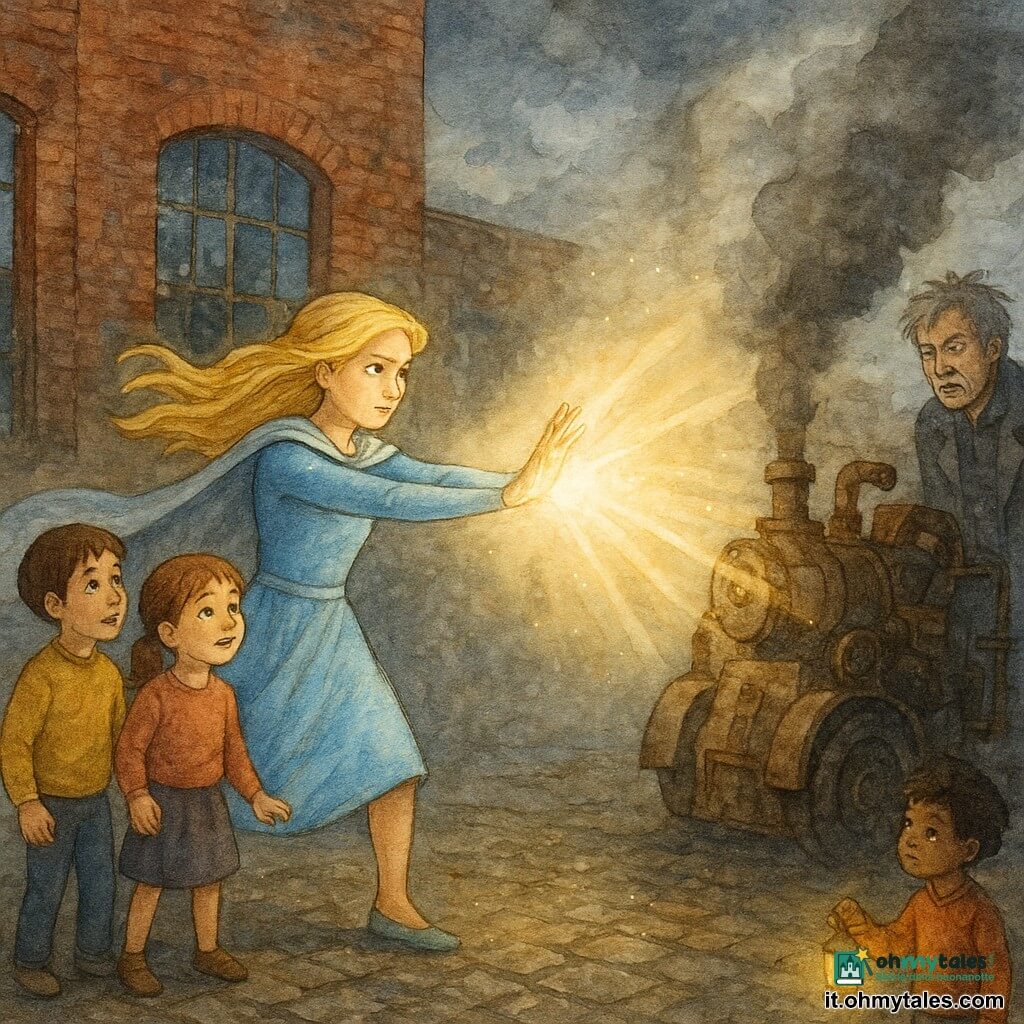 SuperLuce, eroina con lunghi capelli dorati, costume azzurro cielo e mantello argentato, volto determinato e benevolo, emette un potente raggio di luce bianca e calda dalle mani verso una macchina; postura eroica, piedi saldi, veste e capelli sollevati da un vento luminoso; Professor Ombra, inventore di circa 45 anni, pelle chiara, capelli grigi scompigliati, cappotto scuro, espressione burbera e sorpresa, accanto a una macchina fumante sullo sfondo pronto a ritirarsi nell'ombra; Luca, bambino di 8 anni, capelli castani corti, sguardo stupito e bocca socchiusa, tiene la mano di Anna alla sinistra di SuperLuce; Anna, bambina di 7 anni, capelli castani in codini, occhi grandi e sorridenti, tiene la mano di Luca alla destra di SuperLuce in atteggiamento ammirato; Marco, ragazzo di 9 anni, capelli ricci, tiene una piccola lampada giocattolo accesa davanti a una finestra rotta, volto curioso; luogo: vecchia fabbrica abbandonata in mattoni rossi, grandi finestre rotte, macchina metallica arrugginita che sputa un alone grigio, pavimento in ciottoli bagnati, cielo parzialmente nuvoloso e drammatico, forti contrasti tra fumo grigio e luce calda; situazione principale: confronto luminoso — raggio caldo e abbagliante di SuperLuce che squarcia la coltre di fumo, fasci dorati visibili, particelle di polvere e gocce d'acqua che scintillano, atmosfera di speranza e trionfo; stile visivo: acquerello granuloso, colori morbidi ma contrastati, tratti delicati, texture della carta visibili, atmosfera magica e rassicurante adatta ai bambini.