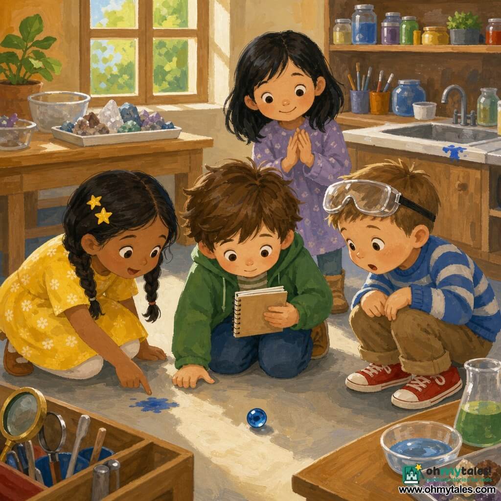 Four 5-year-old children in a school science room painted with gouache: Milo, a brown-haired boy kneeling center in a green jacket holding a notebook, watching a small shiny blue marble; Asha, a girl with braided hair and star clips in a yellow dress to Milo’s left, pointing at a small blue paint spot on the floor; Ben, a boy with short hair and squeaky red sneakers to Milo’s right, safety goggles on his forehead, surprised by the marble; Lila, a girl with loose black hair and a calm smile behind Milo, hands together ready to clap. They’ve found the marble hidden behind a gray cart, with drops of blue paint forming a trail to it; the room has light wood tables, a tray of crystals and experiment bowls, a sink with a small blue stain, shelves of jars and colorful tools, warm light from a square window, vivid gouache textures, and a gentle, curious atmosphere.