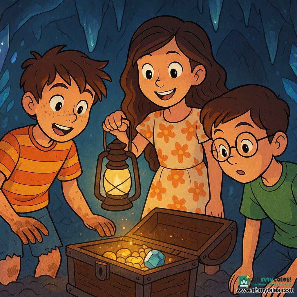 A 10-year-old boy with messy brown hair and a freckled face looks on with bright eyes of excitement and wonder at an old wooden chest with its lid slightly open. He wears a striped t-shirt and denim shorts, and his hands are covered in dirt, evidence of his adventure. Next to him, a 10-year-old girl with long curly hair in a floral dress smiles while holding a lamp that illuminates the chest, revealing sparkling objects inside. Another 10-year-old boy, wearing round glasses and a green t-shirt, leans forward, intrigued by the contents of the chest, his eyes wide with curiosity. The setting is a mysterious cave with walls shimmering with crystals and stalactites hanging like chandeliers. Shadows dance on the floor, creating a magical and enchanting atmosphere. The main scene shows the three friends discovering hidden treasure together, surrounded by a soft and warm light, while laughter and whispers of excitement fill the air.
