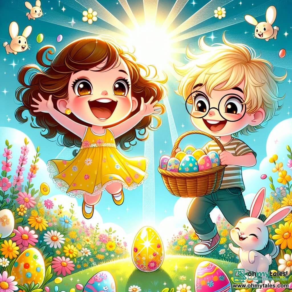 A 5-year-old girl named Lily, with curly brown hair and a bright yellow dress, joyfully jumps in the middle of a colorful flower field, her face radiating excitement and happiness. Next to her, her friend Jamie, a 6-year-old boy with blond hair and round glasses, holds a basket filled with Easter eggs, smiling enthusiastically. The setting is a beautiful sunny garden dotted with brightly colored flowers, playful little bunnies, and a light blue sky with fluffy white clouds. In the center of the image, Lily discovers a mysterious Easter egg, shining in the sun, surrounded by colorful jellybeans leading to a magical adventure.