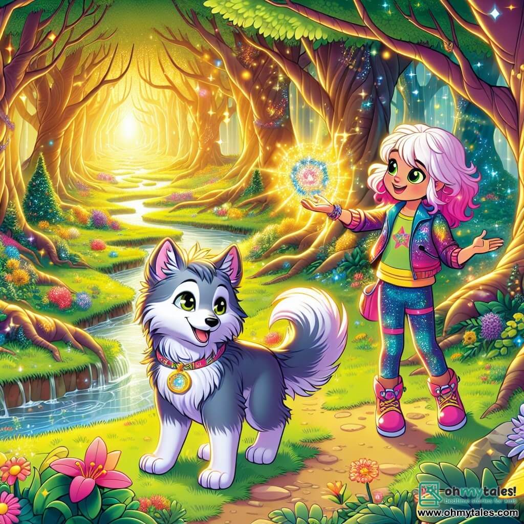 In an enchanted forest, a small wolf named Wally, with soft gray fur, bright curious eyes, and a wagging tail, holds a small shiny magical clock in his front paws, looking around in wonder. Beside him is a young girl named Lily, with vibrant pink hair and a warm smile, dressed in a colorful futuristic outfit, leaning towards Wally with a joyful and intrigued expression, ready to help him on his adventure. The setting is a lush forest filled with majestic trees with bright green leaves, colorful flowers, and a sparkling stream winding through the landscape, all bathed in golden sunlight. The scene depicts Wally and Lily, surrounded by sparkling lights and colorful swirls, as they prepare to activate the magic of time travel, symbolizing the excitement and adventure that awaits them.