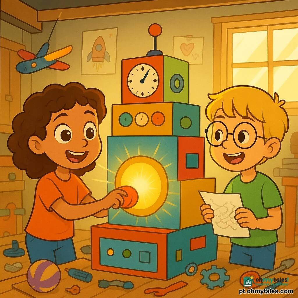 Uma menina de 8 anos, Sara, com grandes olhos curiosos e cabelos cacheados castanhos, está em pé diante de uma máquina do tempo feita de caixas de papelão coloridas, com um grande sorriso maravilhado no rosto. Ao lado dela, seu amigo Lucas, um menino de 8 anos com cabelos loiros e óculos redondos, observa a máquina com um ar de empolgação, segurando um papel rabiscado nas mãos. O garagem deles está cheia de brinquedos espalhados, peças de bricolagem e desenhos pendurados na parede, criando uma atmosfera alegre e caótica. A luz do sol filtra através de uma janela, iluminando a cena com um brilho acolhedor. Sara aperta um grande botão vermelho da máquina, e uma luz brilhante envolve os dois amigos. Eles parecem prontos para viver uma aventura incrível no tempo, cercados por uma atmosfera de magia e curiosidade.