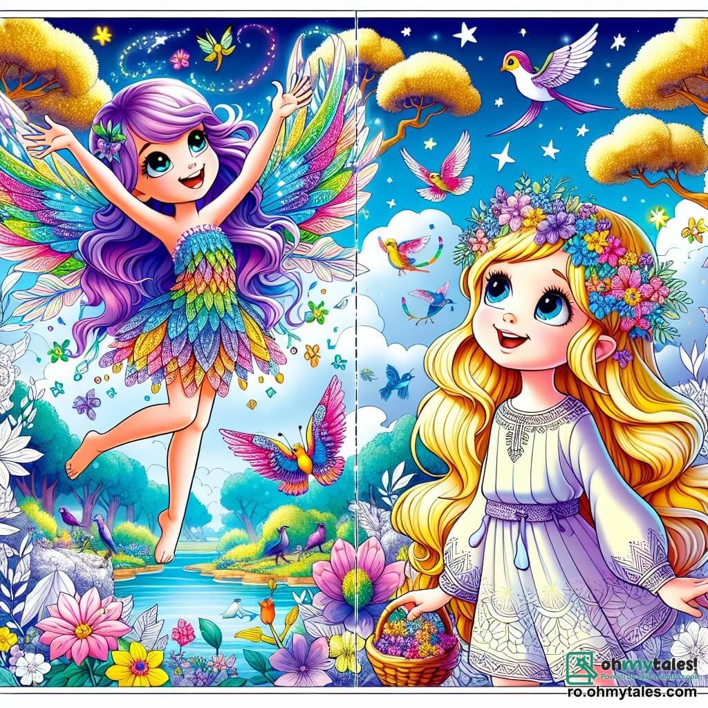O mică zână pe nume Lila, cu aripi delicate și strălucitoare în culorile curcubeului, zboară veselă prin aer, un zâmbet mare iluminându-i fața. Părul ei este lung și ondulat, de un violet strălucitor, iar ea poartă o rochie din petale de flori multicolore. Lângă ea, Mira, o fetiță de zece ani, cu părul auriu și ochii strălucitori ca stelele, privește cu uimire sanctuarul păsărilor. Ea este îmbrăcată într-o tunică ușoară și colorată și ține un coș mic plin cu flori magice. Locul este un sanctuar fermecător, cu copaci majestuoși cu frunze aurii, flori care vorbesc și cântă, și un cer de un albastru strălucitor presărat cu nori pufoși. Păsări cu pene strălucitoare zboară în jur, creând o atmosferă magică și veselă. Situația principală arată cum Lila și Mira, unite prin prietenia lor, sunt pregătite să apere sanctuarul păsărilor de creaturi întunecate care amenință lumea lor feerică. Lila folosește magia ei pentru a proteja păsările, în timp ce Mira, plină de curaj, stă alături de ea, hotărâtă să salveze refugiul lor prețios.