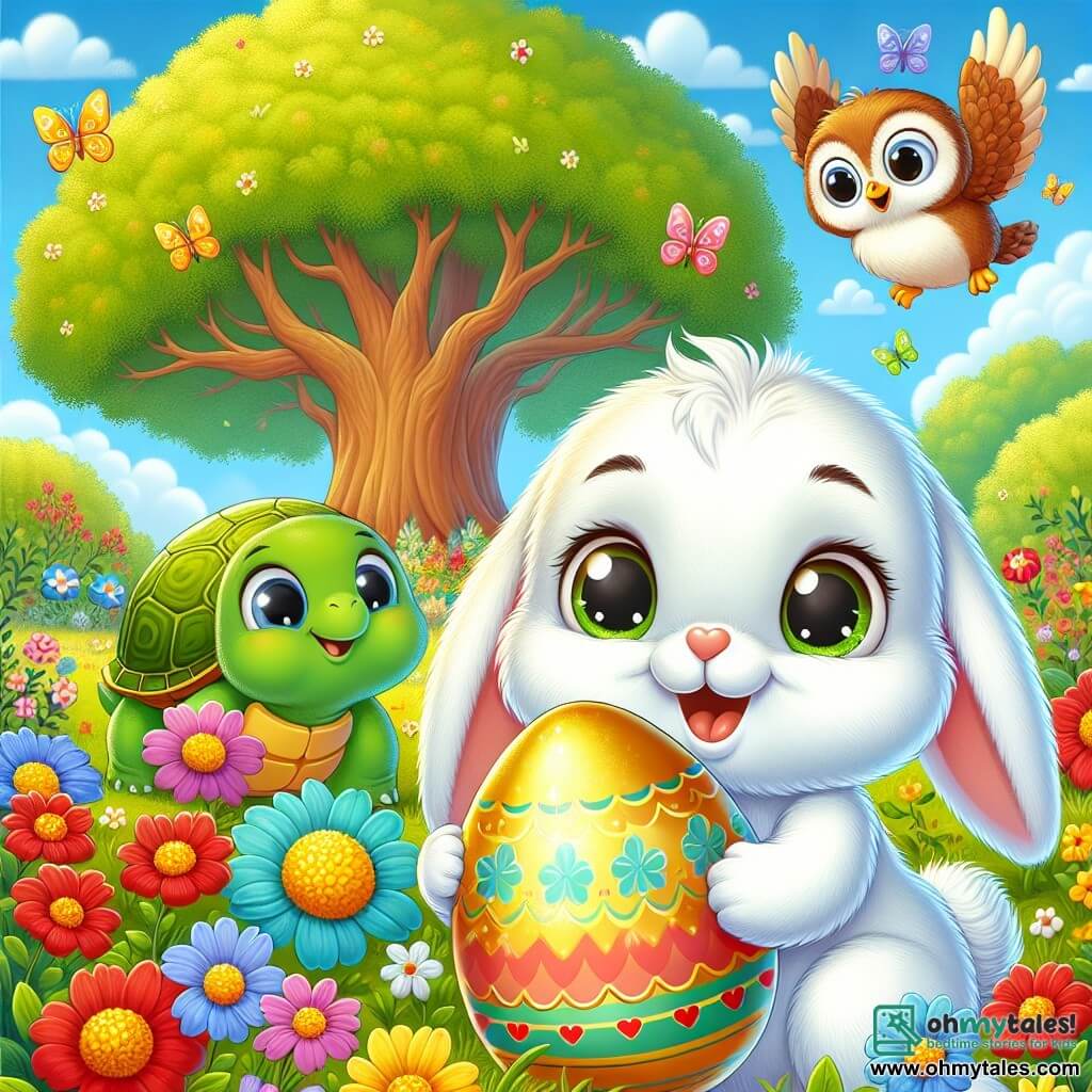 In the center of the image, a small rabbit named Benny, with soft white fur, large floppy ears, and sparkling eyes of joy, holds a shiny golden egg against his heart, wearing a big excited smile. Next to him, Tilly, a small green turtle with a colorful shell, looks on with wide eyes, full of enthusiasm, while Ollie, a brown-feathered owl with big round eyes, flies above them, displaying a curious and friendly expression. The setting is a sunny garden filled with brightly colored flowers in shades of red, blue, and yellow, with a majestic oak tree in the background and butterflies fluttering joyfully around. The scene captures the moment when Benny, Tilly, and Ollie discover the precious golden egg among the flowers, surrounded by a festive and spring-like atmosphere, full of joy and friendship.