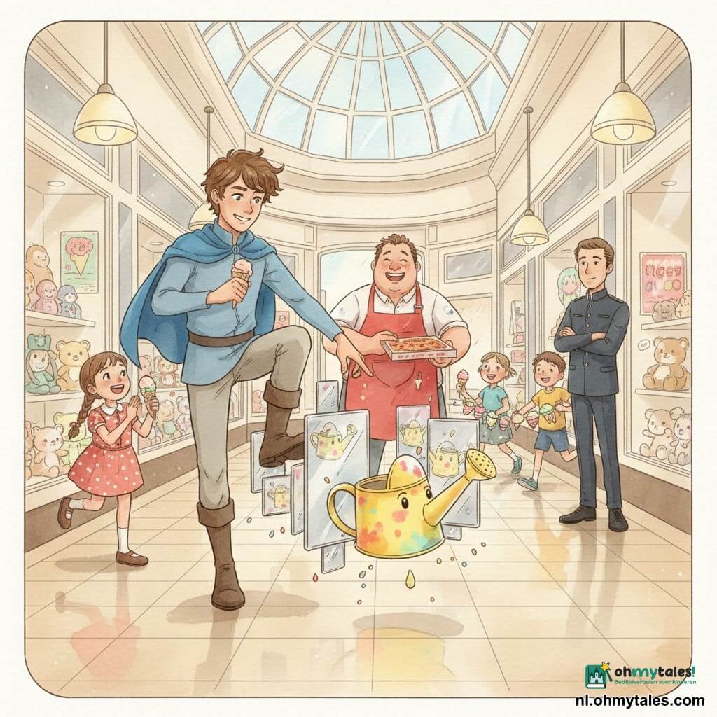 Een jonge man, Bram, glimlachend maar geconcentreerd, met een korte blauwe cape en licht kostuum, staat op zijn tenen en wijst met zijn linkervoet naar het zwevende gieterpersonage Bubbels; een meisje van ongeveer 8, Lieke, met bruine vlechten en een gestippelde jurk, houdt een ijshoorntje en klapt links van Bram; de pizzabakker van circa 45, rond en warm, met een rood gevlekt schort, lacht en houdt een pizzadoos achter Bram rechts; de bewaker van 35–40, groot en rustig in donker uniform met gekruiste armen, geeft zacht instructies op de achtergrond; een groepje van drie kinderen (6–9) rent naar de ingang met een slinger van kleurrijk ijs en kijkt naar de gieter. Bubbels, een felgeel gieter met regenboogspatten en kleine bolle oogjes, zweeft in het midden omringd door spiegelpanelen die hem in vele zilveren miniaturen reflecteren. De scène speelt zich af in een lichte overdekte winkelgalerij met glanzende beige tegels, etalages met knuffels en kleurige posters en een glazen koepel die zacht licht geeft. Bram en de kinderen gebruiken grote spiegels en kleurrijk ijs om Bubbels af te leiden en te kalmeren; het gieterpersonage vertraagt en laat kleine druppels als confetti vallen, een feestelijke en tedere sfeer.