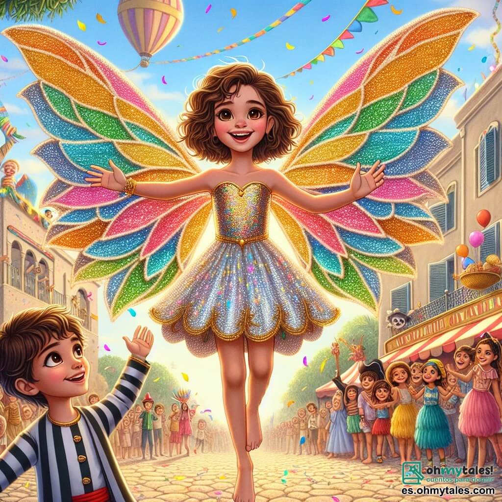 Una niña de 8 años, Clara, se encuentra en el centro de la escena, radiante de alegría, con grandes alas de colores en forma de arcoíris que brillan bajo el sol. Tiene el cabello rizado y castaño, una sonrisa deslumbrante y lleva un vestido de tela brillante adornado con purpurina dorada. Clara flota ligeramente sobre el suelo, con los brazos abiertos, como si estuviera bailando en el aire. A su lado, su hermano Pablo, de 10 años, la observa con los ojos muy abiertos y una sonrisa maravillada. Tiene el cabello corto y lleva un disfraz de pirata, con un sombrero negro y una camisa a rayas. Pablo está de pie en el suelo, con las manos levantadas, listo para aplaudir a su hermana. Al fondo, la plaza principal de Villa Alegre está llena de colores vivos: puestos de comida, globos flotantes y niños disfrazados de diversos personajes festivos. Confeti vuela por el aire y banderines coloridos decoran los árboles. La escena principal muestra a Clara, con el corazón ligero, volando sobre la multitud alegre durante el carnaval, rodeada de risas y música, encarnando el espíritu mágico de esta celebración.