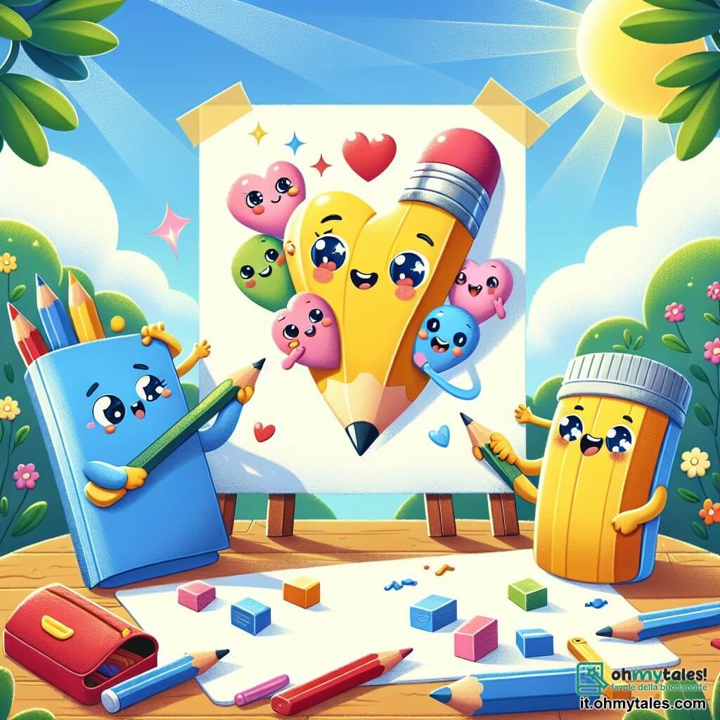 Un personaggio principale, una matita gialla brillante con una gomma rosa, sta disegnando un grande cuore colorato su un foglio di carta, mostrando un'espressione gioiosa e concentrata. Accanto a lei, un quaderno a copertura blu, con occhi scintillanti, scrive parole dolci su un altro pezzo di carta, mostrando un'espressione entusiasta. Un astuccio rosso, con un sorriso caloroso, colora accuratamente i bordi del poster, mentre un grande foglio di carta bianca, con un'aria curiosa, organizza le idee degli altri. La scena si svolge in un cortile scolastico soleggiato, circondato da alberi verdi e fiori colorati, con tavoli di legno dove i bambini lavorano insieme. I raggi del sole illuminano il gruppo, creando un'atmosfera gioiosa e creativa. La situazione principale mostra gli amici che collaborano per creare un magnifico poster sull'amicizia, pieni di energia ed entusiasmo, tutti uniti nel loro progetto.