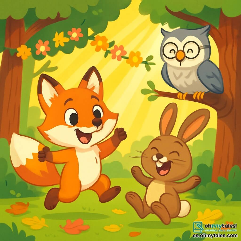 Un pequeño zorro de ojos brillantes, con un pelaje naranja vivo y una cola esponjosa, salta alegremente en un claro del bosque soleado, con una gran sonrisa en su rostro, expresando una alegría deslumbrante. A su lado, una liebre de grandes orejas, con pelaje marrón y ojos redondos, ríe a carcajadas, con sus patas traseras en el aire, compartiendo la emoción del momento. Un viejo búho de plumas grises, posado en una rama, observa la escena con una sonrisa benevolente, sus gafas deslizándose por su nariz, listo para anunciar el inicio de los juegos. El suelo está cubierto de hojas coloridas, y guirnaldas de flores decoran los árboles, mientras que rayos de sol filtran a través de las ramas, creando una atmósfera festiva y cálida. La escena muestra el comienzo de una gran fiesta en el bosque, con animales reunidos, listos para divertirse juntos.