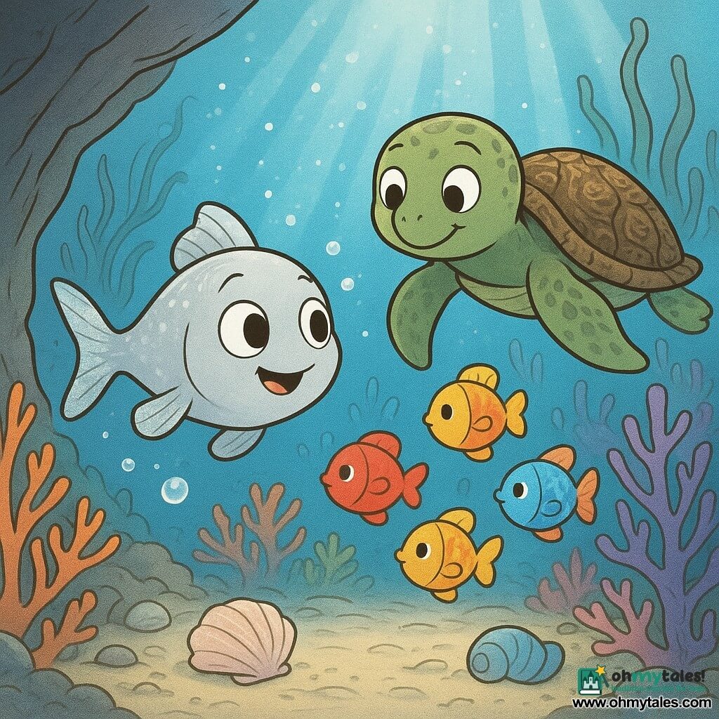 Finley, a small silvery fish with big curious eyes and a glittering tail, swims in the foreground making tiny bubbles while Tilly, an old green-and-brown sea turtle with a textured shell, gently guides him from just behind and to his right; colorful round fish (red, yellow, blue) play in a circle around them as they emerge from a narrow rocky passage into a glowing coral garden of fluorescent orange and purple corals, shining shells, pearly sand and swaying seaweed lit by bluish rays, with sparkles and floating bubbles creating a soft, magical atmosphere.