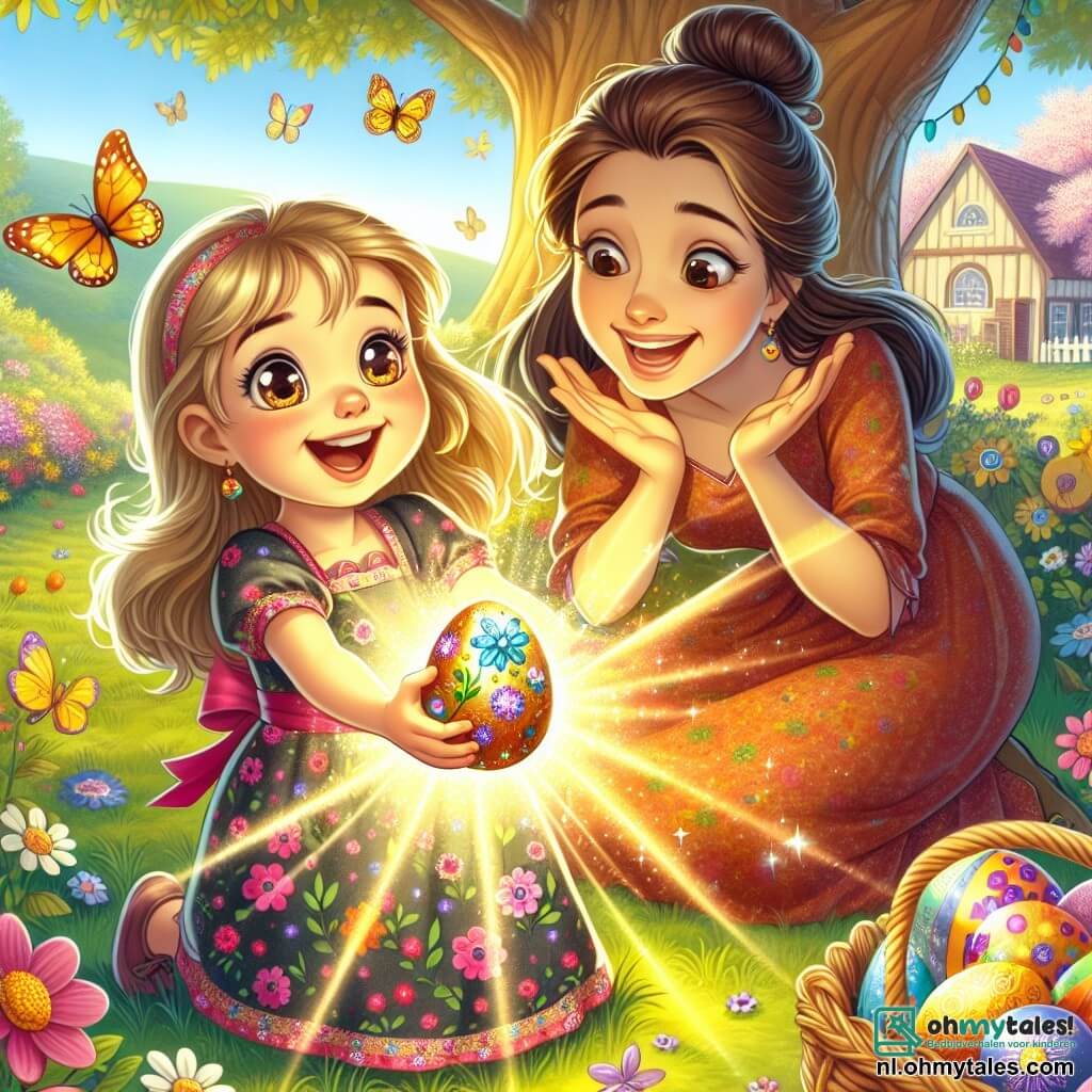 Een 4-jarig meisje, Lotte, met lange blonde haren en sprankelende ogen, zit in een zonnige tuin en houdt een magisch paasei vast dat in felle kleuren straalt. Ze draagt een kleurrijke bloemenjurk en heeft een grote glimlach op haar gezicht, vol opwinding. Naast haar staat haar moeder, een vrouw van ongeveer 30 jaar met bruin haar in een knot en een warme glimlach. Ze moedigt Lotte aan met open armen, terwijl ze een mooie mand vasthoudt vol versierde eieren. De tuin is gevuld met stralende bloemen, flonkerende vlinders en een majestueuze eik op de achtergrond, waaronder een mooie mandoline vol glinsterende eieren ligt. Lotte ontdekt een speciaal paasei, verlicht door de zon, terwijl haar moeder trots toekijkt, wat een magische en vrolijke sfeer creëert.