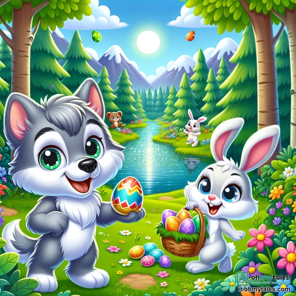 In una foresta incantata, un piccolo lupo di nome Lupo Leo, con un morbido pelo grigio e occhi brillanti di curiosità, si trova al centro dell'immagine, sorridente, mentre tiene un uovo di Pasqua decorato con colori vivaci. Accanto a lui, un coniglietto bianco di nome Carletto, con grandi orecchie e un naso rosa, salta di gioia, i suoi occhi brillano di entusiasmo. In lontananza, la foresta di Bosco Verde è piena di alberi maestosi, fiori colorati e un cielo azzurro punteggiato di nuvole soffici. La scena mostra Lupo Leo e Carletto che celebrano la scoperta dell'uovo speciale, circondati da animali felici, pronti per una grande caccia alle uova di Pasqua, pieni di eccitazione e amicizia.