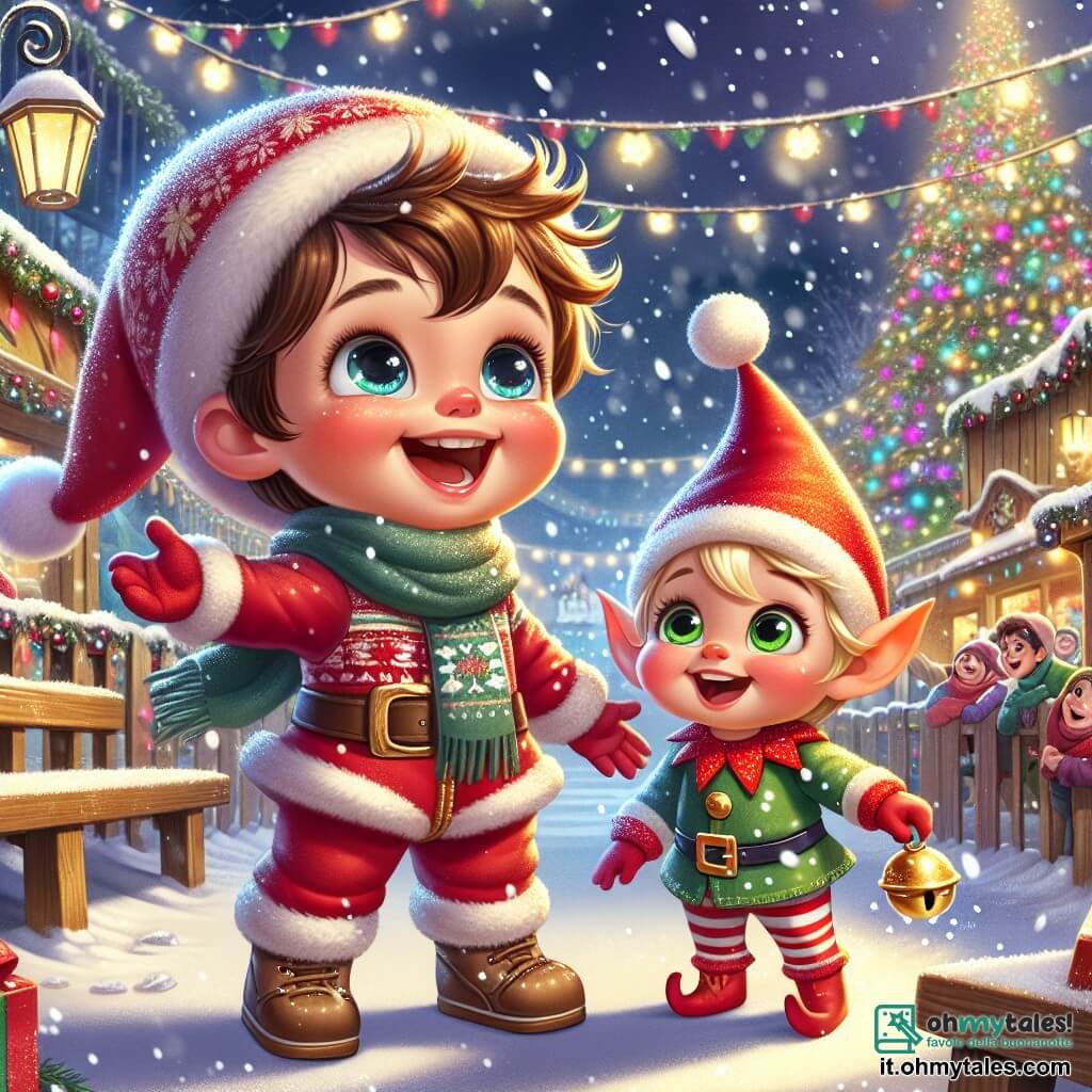 Un bambino di 1 anno, di nome Luca, con capelli castani disordinati e grandi occhi scintillanti di gioia, è in piedi nella neve, con le braccia aperte, ridendo sotto una dolce neve che cade. Indossa una tuta rossa con un berretto di lana, e le sue guance sono rosa di felicità. Accanto a lui c'è un piccolo elfo di nome Elfi, con un cappello rosso a punta e orecchie a punta, che sorride ampiamente. Elfi ha circa 5 anni, capelli biondi e occhi verdi brillanti. Tiene una piccola campanella dorata in una mano e indica l'albero di Natale con l'altra. Il luogo è un mercatino di Natale incantevole, con stand di legno decorati con luci e fiocchi di neve. Sullo sfondo, un grande albero di Natale scintillante, adornato con palline colorate e luci, illumina la scena. La situazione principale mostra Luca ed Elfi meravigliarsi davanti all'albero di Natale, mentre fiocchi di neve danzano intorno a loro, creando un'atmosfera magica e festosa.