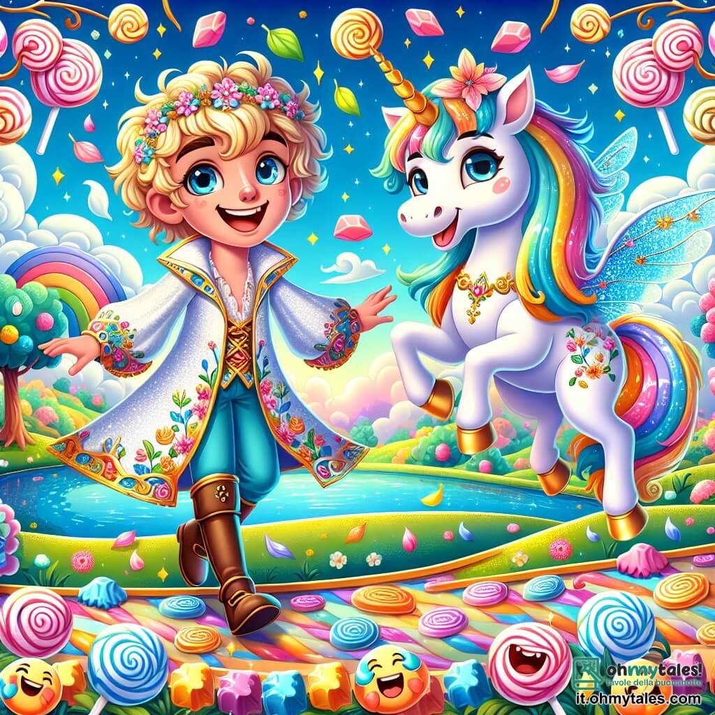 Al centro dell'immagine, il principe Pippo, un ragazzo di circa 10 anni con capelli ricci e dorati, indossa una tunica colorata decorata con motivi floreali e sorrisi. Mostra un grande sorriso gioioso, con gli occhi scintillanti di eccitazione, mentre danza su un sentiero di caramelle, circondato da foglie colorate che cadono intorno a lui. Accanto a lui c'è Lulù, un'unicorno magica, con un manto arcobaleno brillante e un corno dorato scintillante. Sta volando leggermente sopra il suolo, con le ali traslucide spiegate, e guarda Pippo con un'espressione gioiosa e amichevole. Lo sfondo è un paesaggio incantevole di Ridolandia, con alberi a forma di lecca-lecca, fiori che ridono e un lago scintillante, dove l'acqua riflette il cielo blu. Nuvole a forma di marshmallow fluttuano dolcemente sopra di loro, aggiungendo un tocco di magia alla scena. La situazione principale mostra Pippo e Lulù danzare e ridere insieme, circondati da caramelle e risate, mentre si preparano a partire per un'avventura alla ricerca della corona magica perduta.
