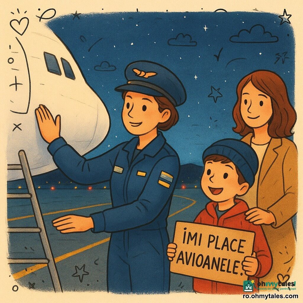 O femeie pilot în jur de treizeci de ani, zâmbitoare și concentrată, păr brun scurt sub șapcă, poartă o geacă albastră de pilot cu insigne reflectorizante și stă lângă scara unui mare avion cargo alb, inspectând aripa cu o mână liniștitoare pe fuselaj; un băiat, Matei, de aproximativ 8 ani, păr brun închis și căciulă albastră, cu ochii mari de uimire, ține un carton pe care scrie Îmi place avioanele! și stă aproape de gard, dând din degetul mare în sus; mama lui Matei, tot în jur de treizeci de ani, în haine simple de oraș, privește din spate cu un zâmbet blând și mâna pe umărul fiului ei; decorul e o pistă de aeroport noaptea, asfalt lucios, marcaje galbene, lumini albastre și roșii pâlpâitoare, hangare întunecate și un cer înstelat; scena transmite calm și responsabilitate — pilotul face o inspecție pre-zbor la lumină blândă și schimbă un gest prietenos cu copilul, în timp ce luminile pistei reflectă culori pe carlingă; stil: culori calde și contrastante, tușe clare și rondeură copilărească, texturi ușor granulare și doodle-uri mici (stele, nori, săgeți) în jurul personajelor.