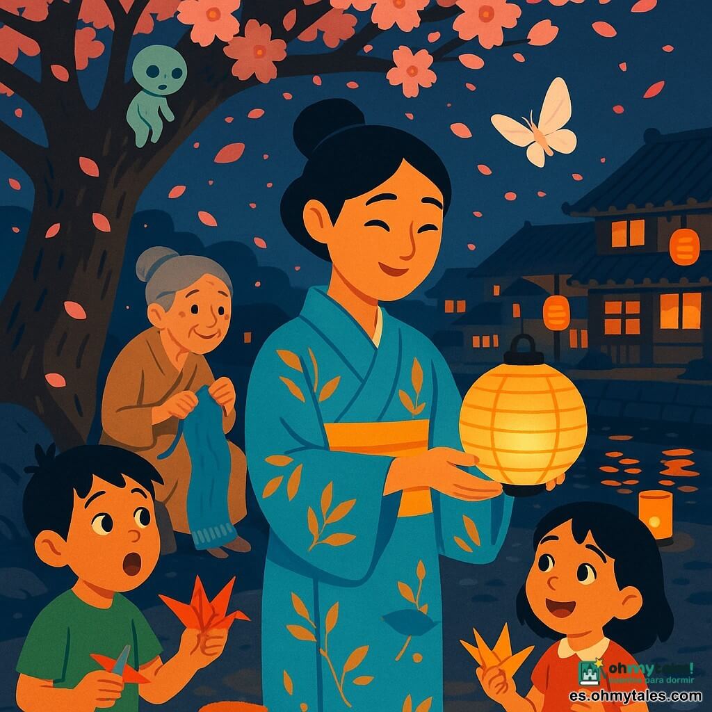 Una mujer, Midori, sonriente y emocionada, pelo negro liso recogido en moño, kimono azul cielo con motivos de hojas doradas, sostiene frente a ella una linterna redonda encendida; la abuela Sora (aprox. 75 años), pelo gris en moño, kimono beige, está sentada junto a un gran árbol trenzando una larga bufanda azul cielo y mira con ternura; un niño (≈8) y una niña (≈6) juegan cerca con grullas de papel y contemplan las linternas asombrados; un pequeño kodama verde pálido y translúcido flota entre las ramas; una mariposa blanca vuela sobre la linterna de Midori. Escenario: pueblo japonés bajo un gran cerezo en flor con pétalos rosas que caen, río oscuro reflejando las luces, casas de madera con tejas y suelo de piedras mojadas. Noche de festival con numerosas linternas suspendidas y en el suelo junto al río, luz cálida anaranjada contra el cielo azul noche, ambiente de alegría serena y mágico. Colores nítidos y contrastados, formas simples, composición centrada en Midori y su linterna; detalles gráficos: motivos del kimono, texturas del papel de las linternas, reflejos en el agua y pétalos en movimiento.