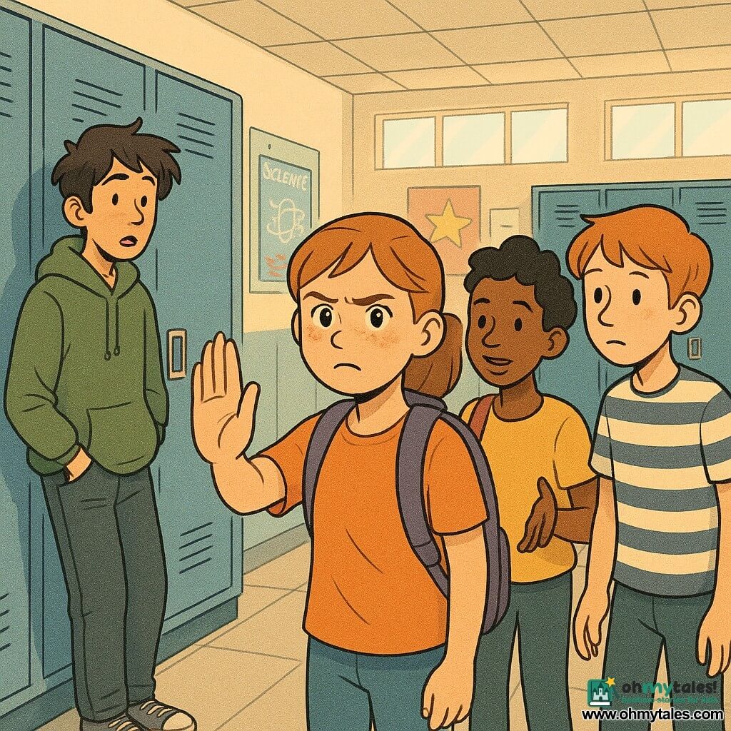 A 12-year-old girl, Maya, round face with freckles, light brown hair in a ponytail, determined but slightly trembling expression and bright eyes, stands at her locker with a hand on the door saying Stop in a clear voice; beside her is Nia, 12, dark-skinned with short curly hair and a compassionate, confident look, arm slightly raised in support; to the left, a taller 14-year-old boy, Troy, messy dark hair and a surprised, embarrassed expression with hands in his pockets near another locker, as if he just mocked her; to the right, 12-year-old Jaden, pale with a striped t-shirt, watches protectively, ready to step in; the scene is a bright school hallway with rows of blue lockers, gray tiled floor, colorful posters on the walls, soft light from high windows and a few blurred students in the background, tense but solidaristic atmosphere with warm tones on Maya contrasted with cooler tones around the mockers.