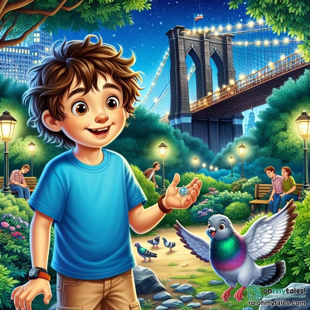 Un băiat de 10 ani, Andrei, cu părul castaniu și ochii plini de curiozitate, se află în mijlocul unui parc verde din New York. Poartă un tricou albastru și o pereche de pantaloni scurți bej, zâmbind larg în timp ce ține o medalie mică strălucitoare în mână. Lângă el, un porumbel colorat numit Pătrățel, cu pene gri și albe, plutește vesel în aer, părea să vorbească cu Andrei cu o expresie prietenoasă. În fundal, celebrul pod Brooklyn se ridică majestuos, iluminat de felinare strălucitoare, înconjurat de copaci verzi și flori colorate, creând o atmosferă magică. Andrei și Pătrățel descoperă împreună medalionul misterios, pregătiți pentru o aventură de neuitat sub cerul înstelat din New York.