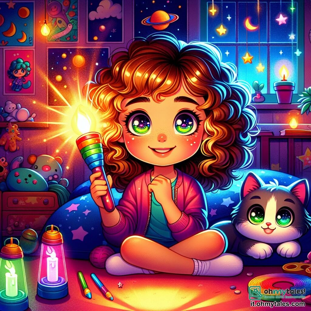 Una ragazza di 10 anni, Sofia, con i capelli ricci castani e gli occhi scintillanti, è seduta sul suo letto, tenendo una torcia colorata che illumina il suo viso con una luce calda. Ha un sorriso di eccitazione mescolato a una leggera nervosità, con le guance leggermente arrossate dall'anticipazione. Accanto a lei, il suo gatto Micio, un piccolo felino con il pelo grigio e gli occhi verdi brillanti, è sdraiato sul letto, osservando Sofia con curiosità. La stanza di Sofia è decorata con poster di pianeti e stelle, con un soffitto dove degli adesivi fosforescenti brillano dolcemente nell'oscurità. Giocattoli sparsi e un tappeto colorato aggiungono un tocco gioioso all'atmosfera. La scena principale mostra Sofia, pronta ad affrontare le sue paure, illuminando le ombre della sua stanza con la sua torcia, mentre una piccola figura luminosa, Luminello, fluttua accanto a lei, illuminando lo spazio con una dolce luce multicolore.
