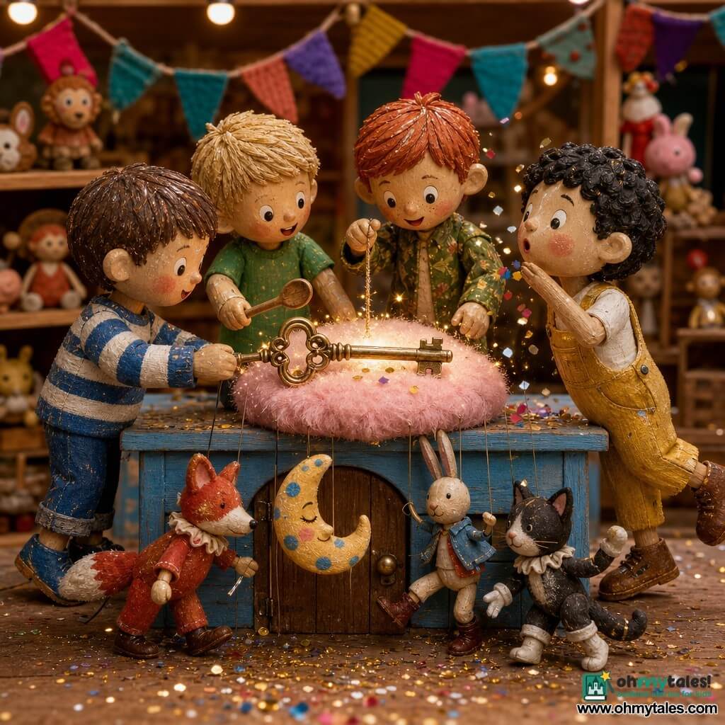 Four 4‑year‑old boys—Ben (brushed brown hair, blue‑and‑white striped sweater) on the left lightly shaking the key; Sam (short blond hair, green T‑shirt) beside him tapping the key with a wooden spoon; Leo (red hair, khaki leaf‑pattern jacket) behind the key gently swinging it; and Max (curly black hair, yellow overalls) at the far right blowing on the key and dropping confetti while tiptoeing—stand in a wooden puppet workshop under a low blue table with light wood planks, varnished shelves of felt and leather puppets, a pink cotton‑candy cushion holding the ornate brass key, colorful string garlands, warm bulbs, paint splashes and gold confetti on the floor; together they shake the ornate brass key that sprinkles confetti and brings wooden puppets to life—a velvet fox, a polka‑dot moon, a booted rabbit and a gloved cat—in a funny, absurd scene of bright colors and varnished wood and soft felt textures, composition centered on the sparkling key.
